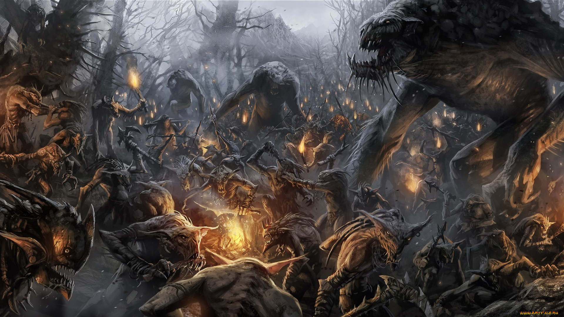 видео, игры, middle-earth, , shadow, of, mordor, монстры, факелы, лес