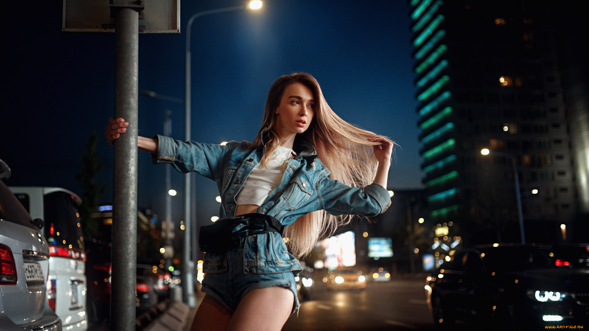 девушки, -, блондинки, , светловолосые, девушка, ночь, город, джинсовая, куртка