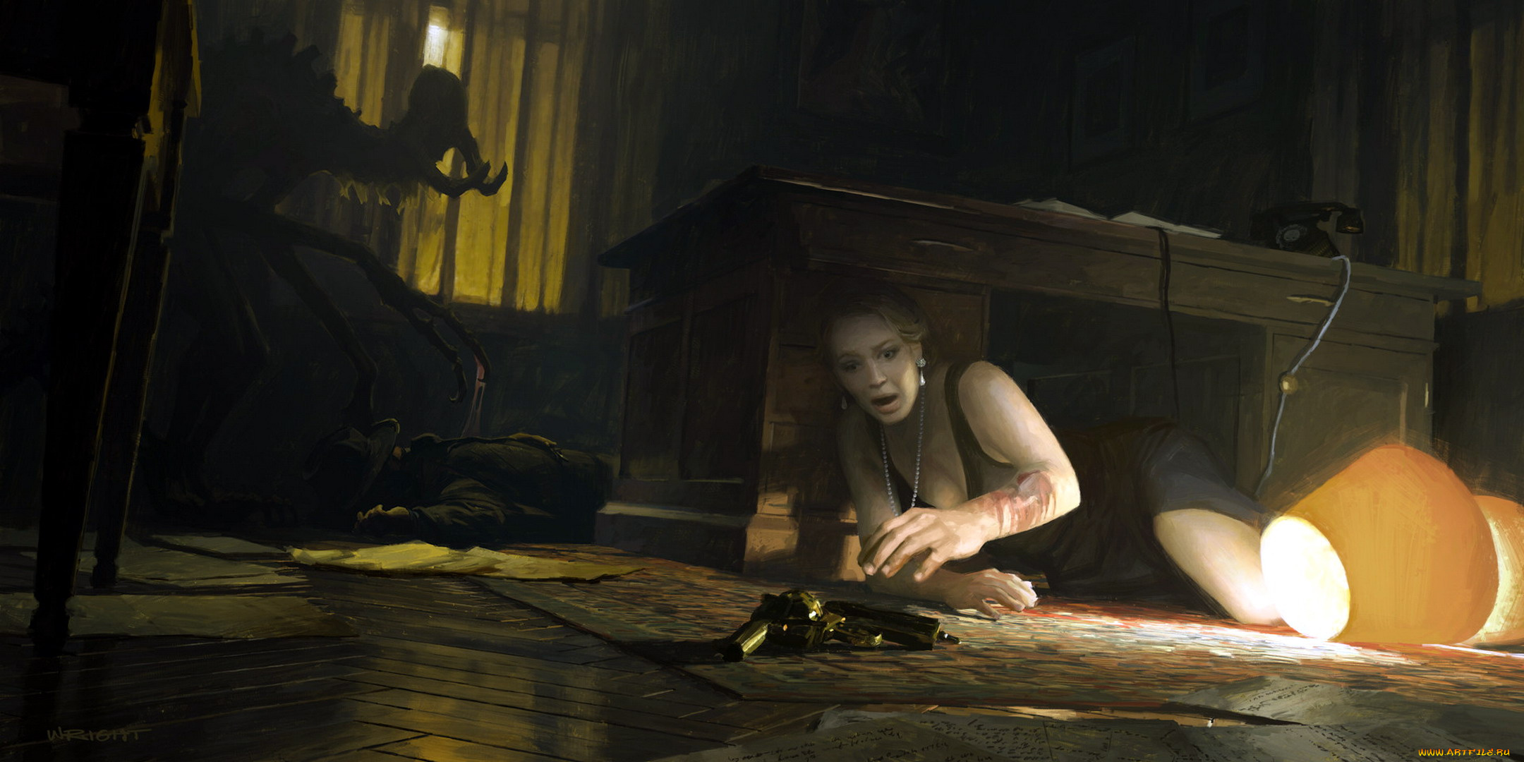 фэнтези, красавицы, и, чудовища, монстр, труп, комната, стол, торшер, женщина, рана, пистолет