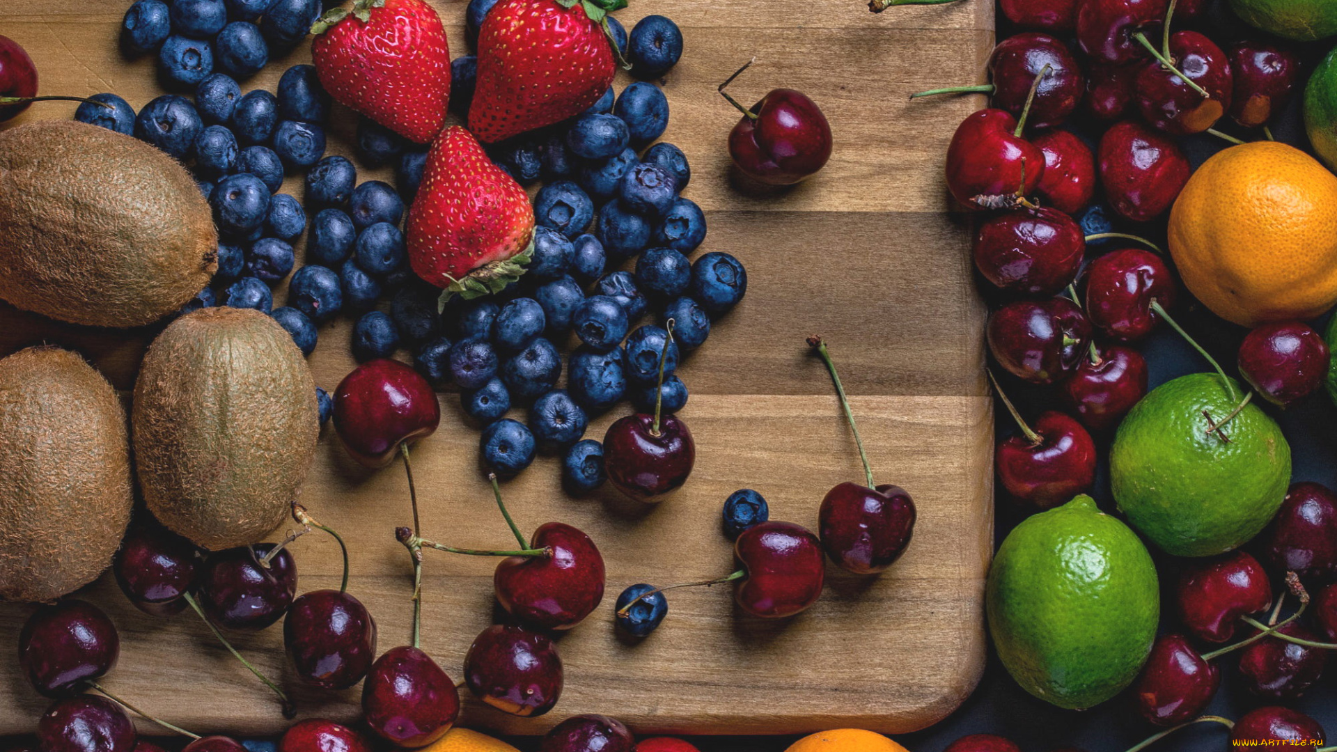 еда, фрукты, , ягоды, киви, клубника, вишни, лимоны, черника