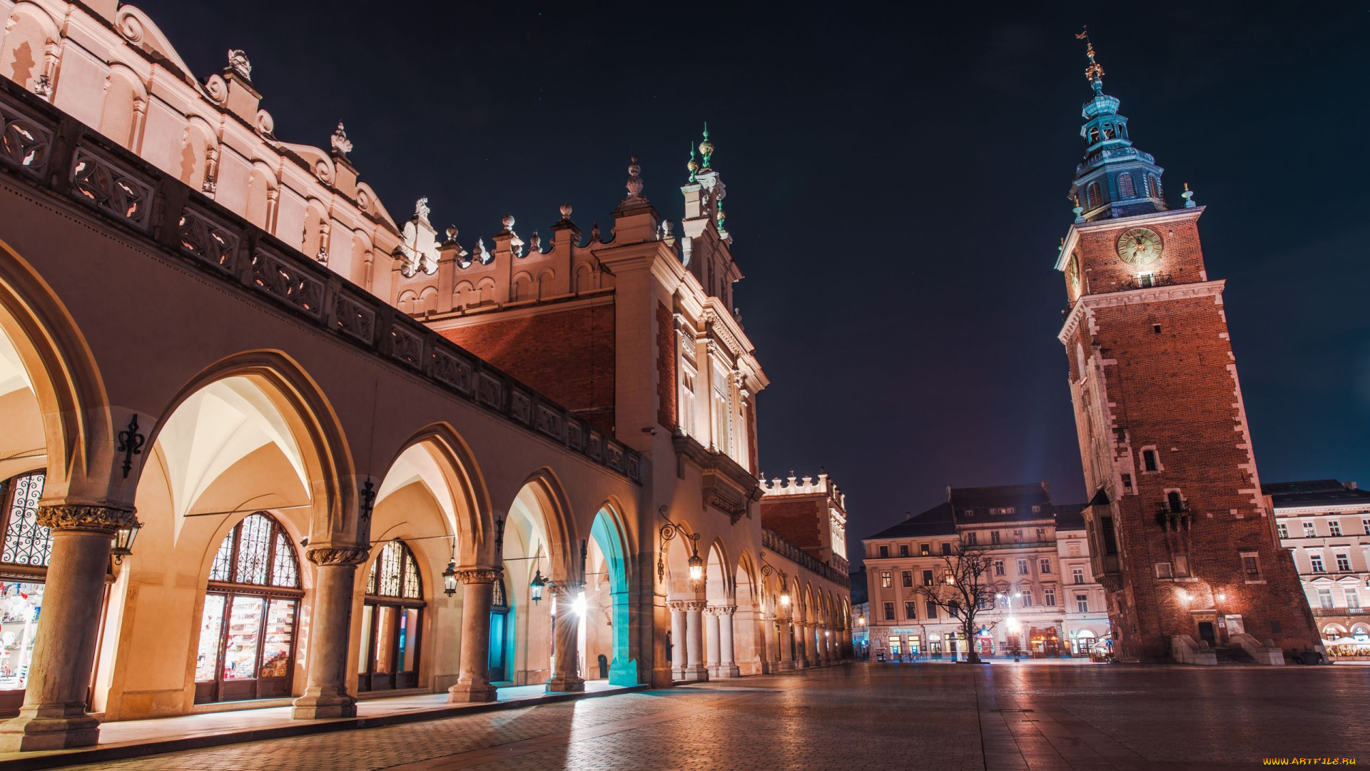 города, краков, , польша, площадь, вечер, огни, фонари
