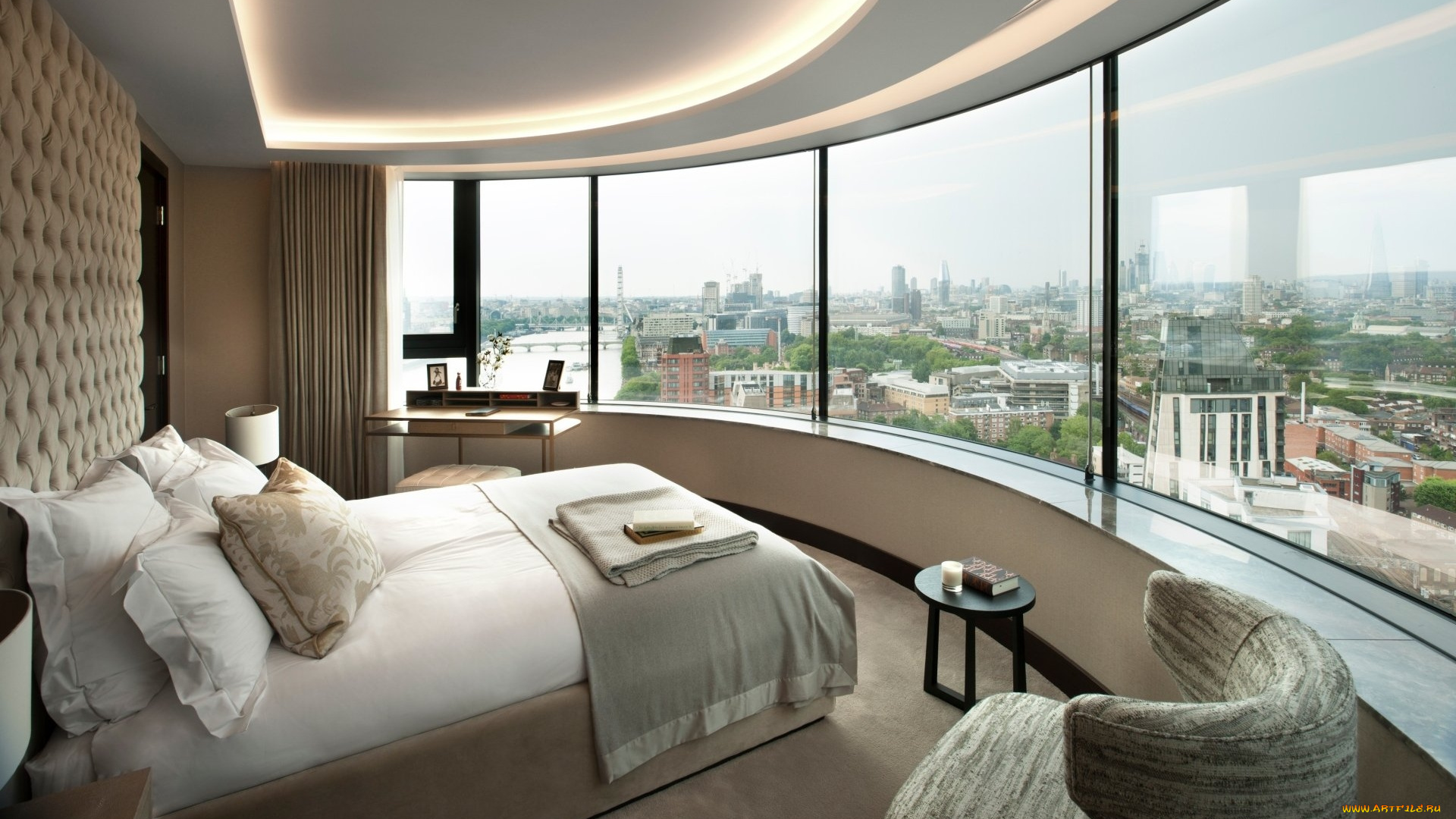 интерьер, спальня, кровать, панорамное, окно