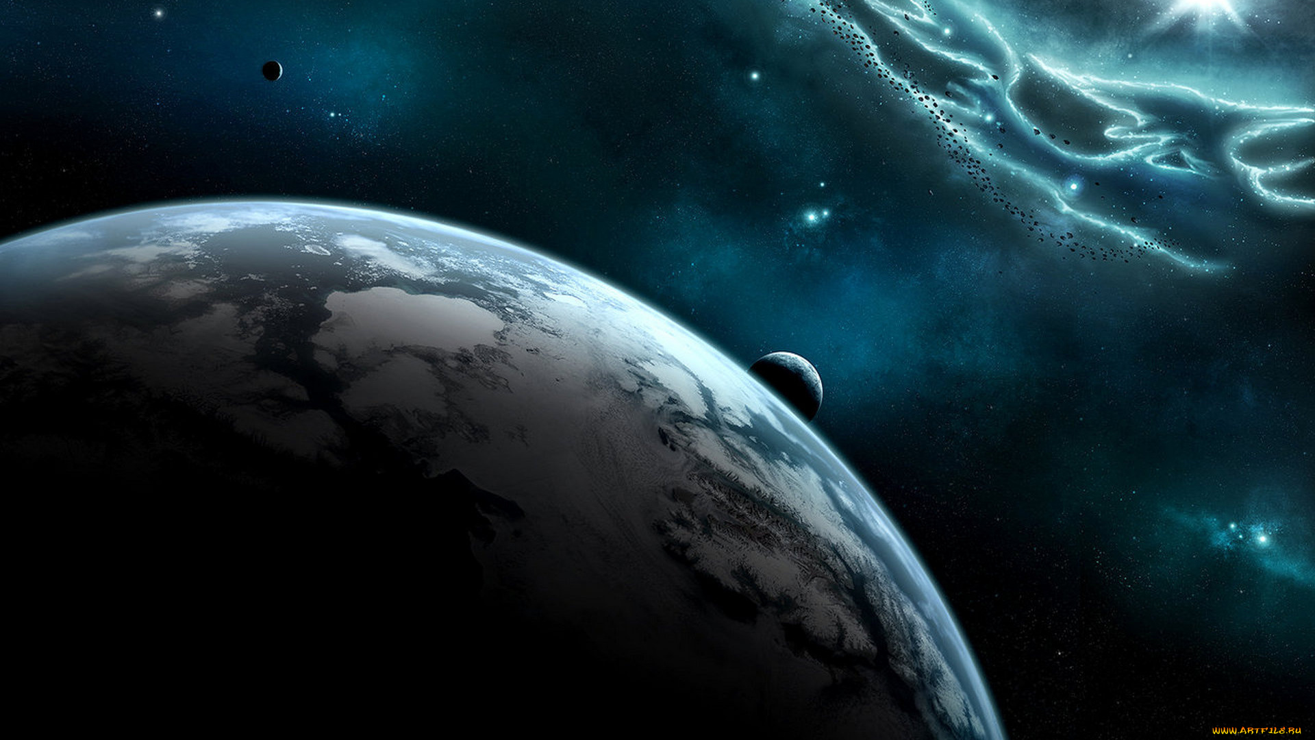 космос, арт, планеты, астероиды