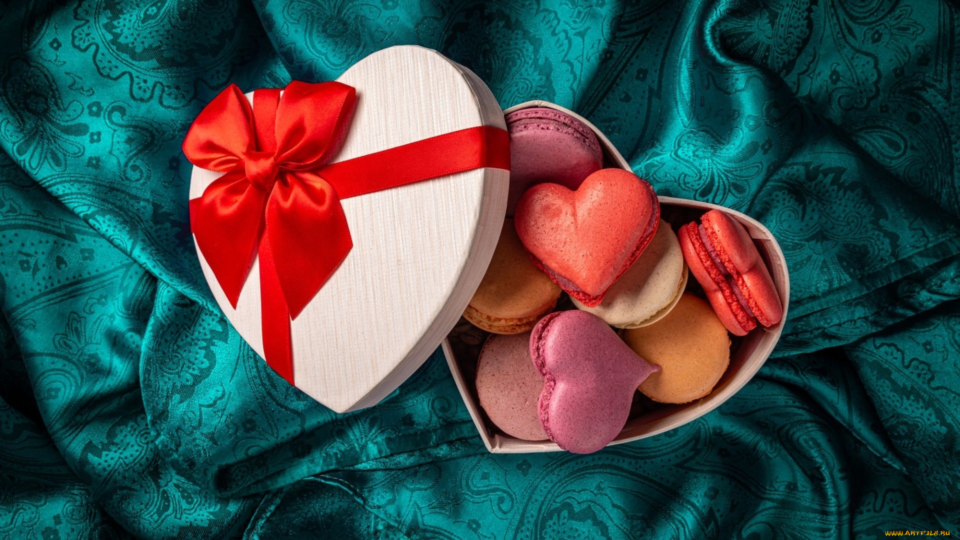 праздничные, день, святого, валентина, , сердечки, , любовь, ткань, подарок, макаруны, сердечки, лента, бант