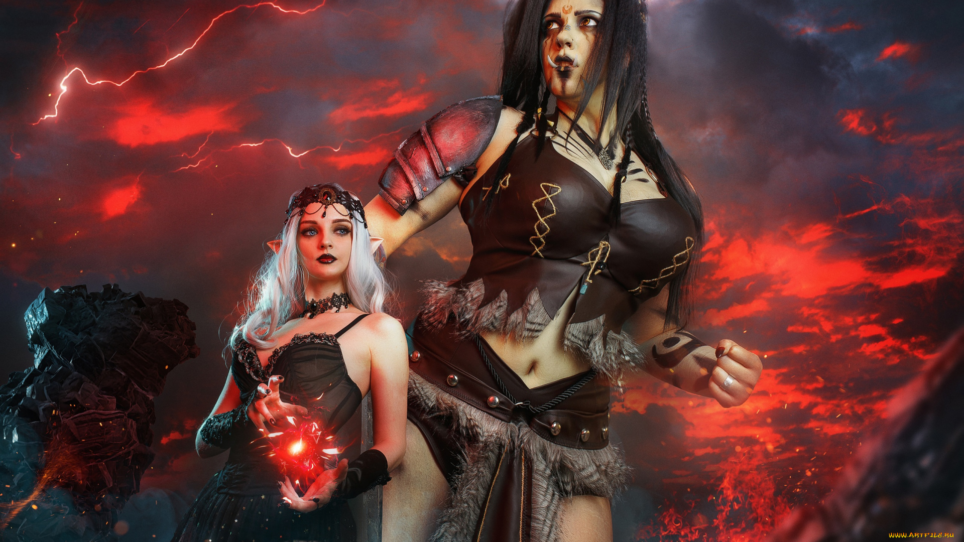 девушки, kirdjava, орчанка, эльфийка, магия, образы