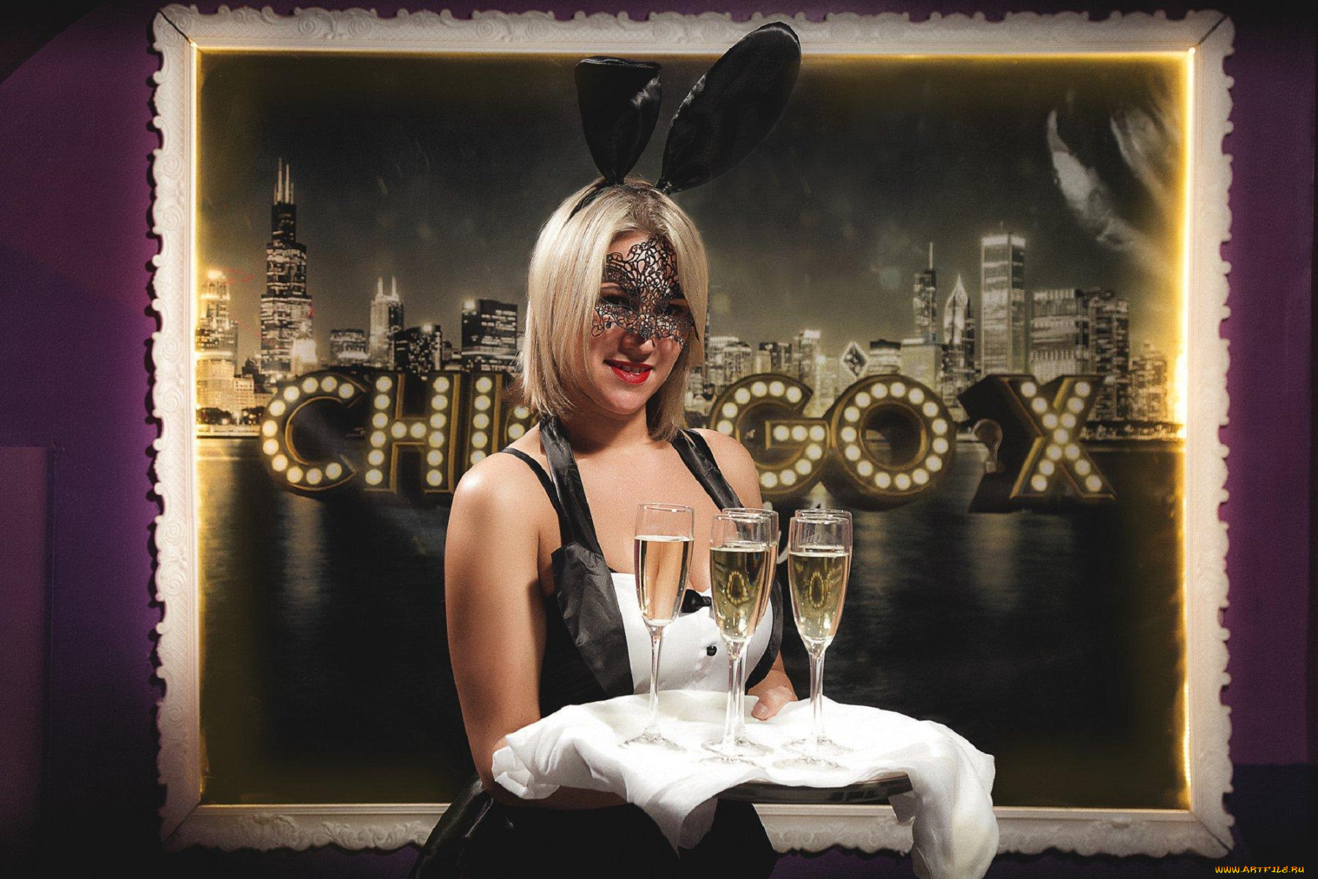 девушки, -, брюнетки, , шатенки, блондинка, ушки, бокалы, картина, шампанское