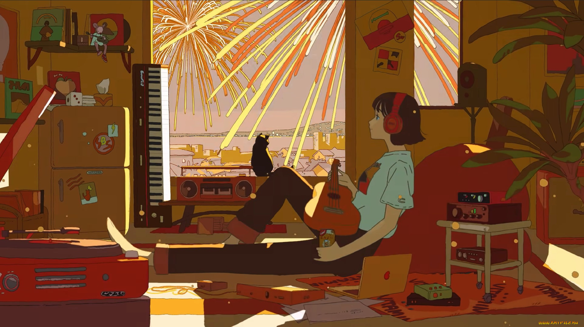 аниме, город, , улицы, , интерьер, , здания, девушка, инструменты, кот, салют, комната