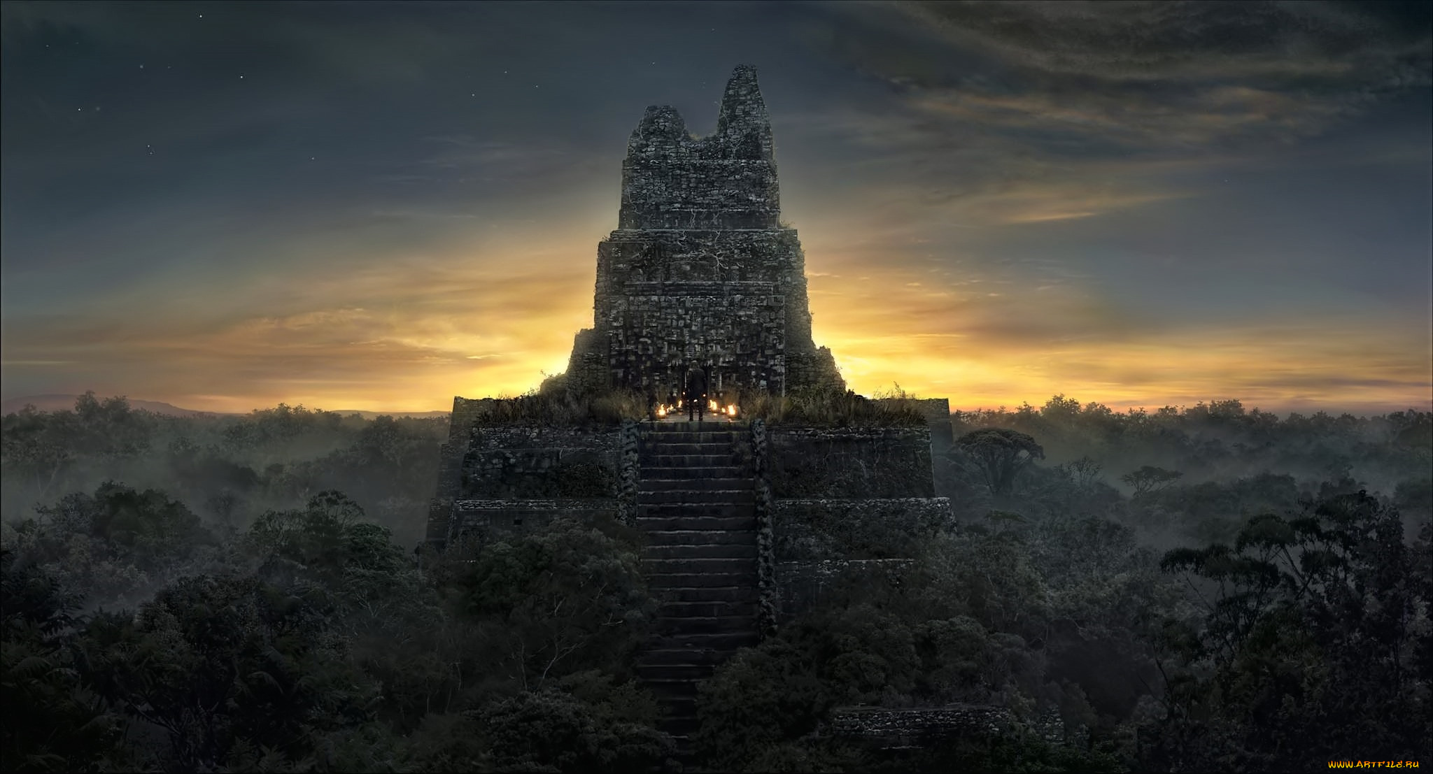 кино, фильмы, the, fountain, развалины, огни, лестница, лес, закат