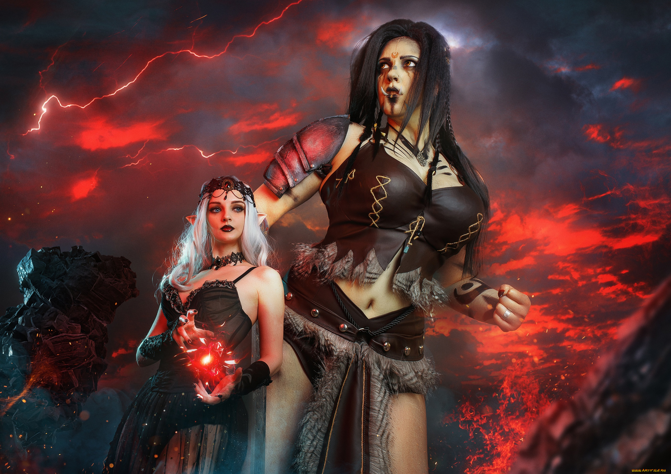 девушки, kirdjava, орчанка, эльфийка, магия, образы