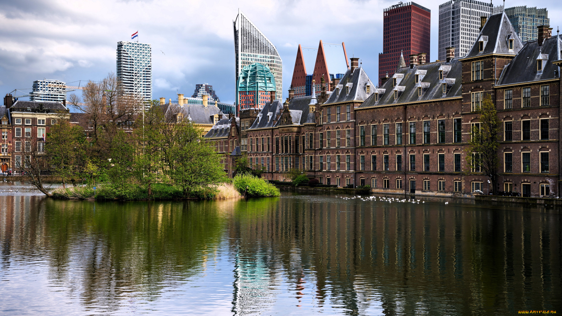 гаага, города, гаага, , нидерланды, озеро, остров, деревья, дома