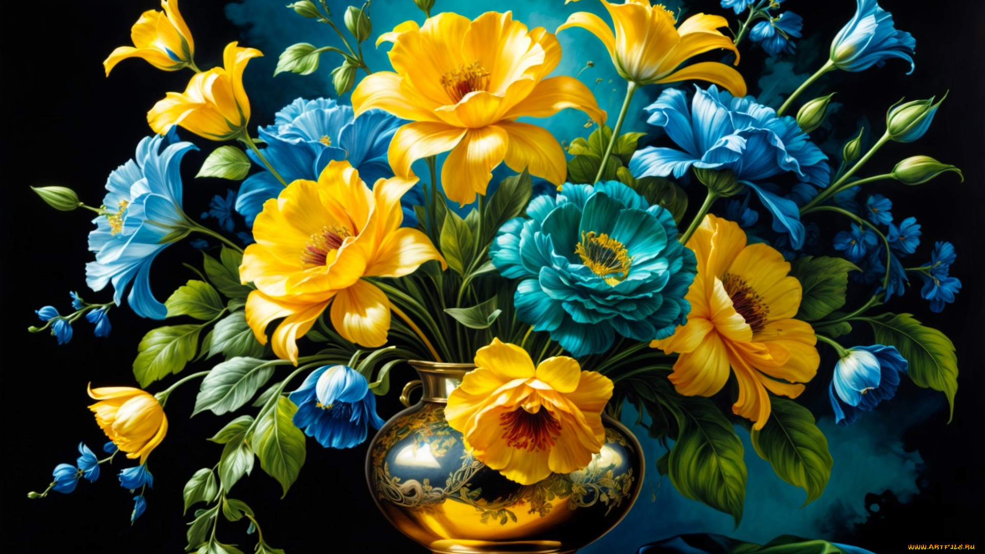 рисованное, цветы, букет, ваза, стол