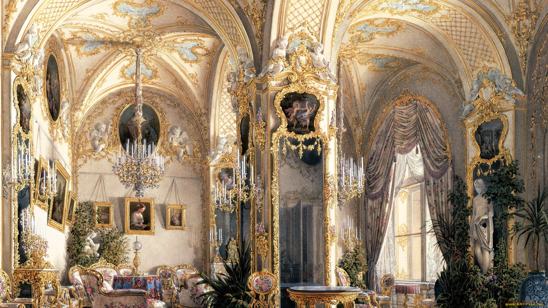 рисованное, эдуард, гау, дворец, интерьер, комната, свод, лепнина, люстра, стол, кресла, диваны, люстры, растения