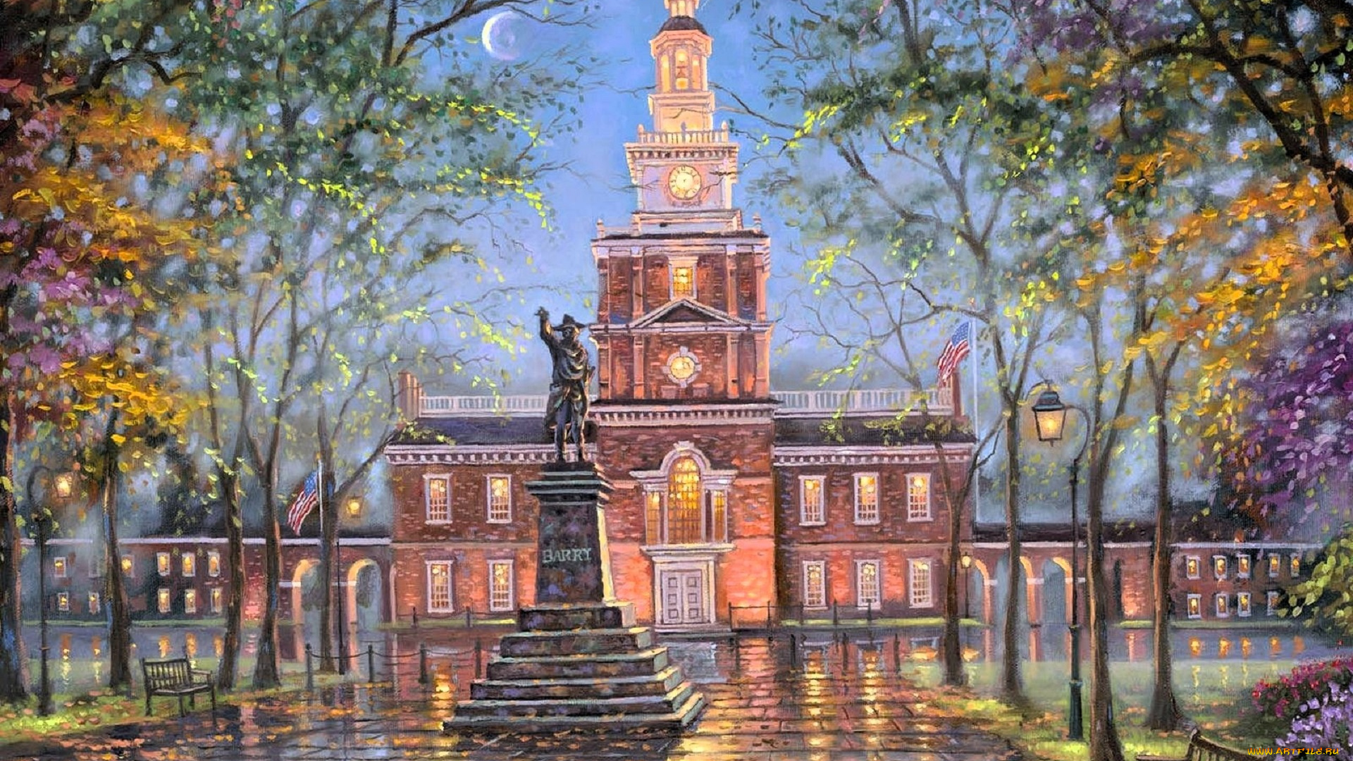 robert, finale, рисованное, деревья, осень, листья, памятник, площадь, фонарь, здание, месяц