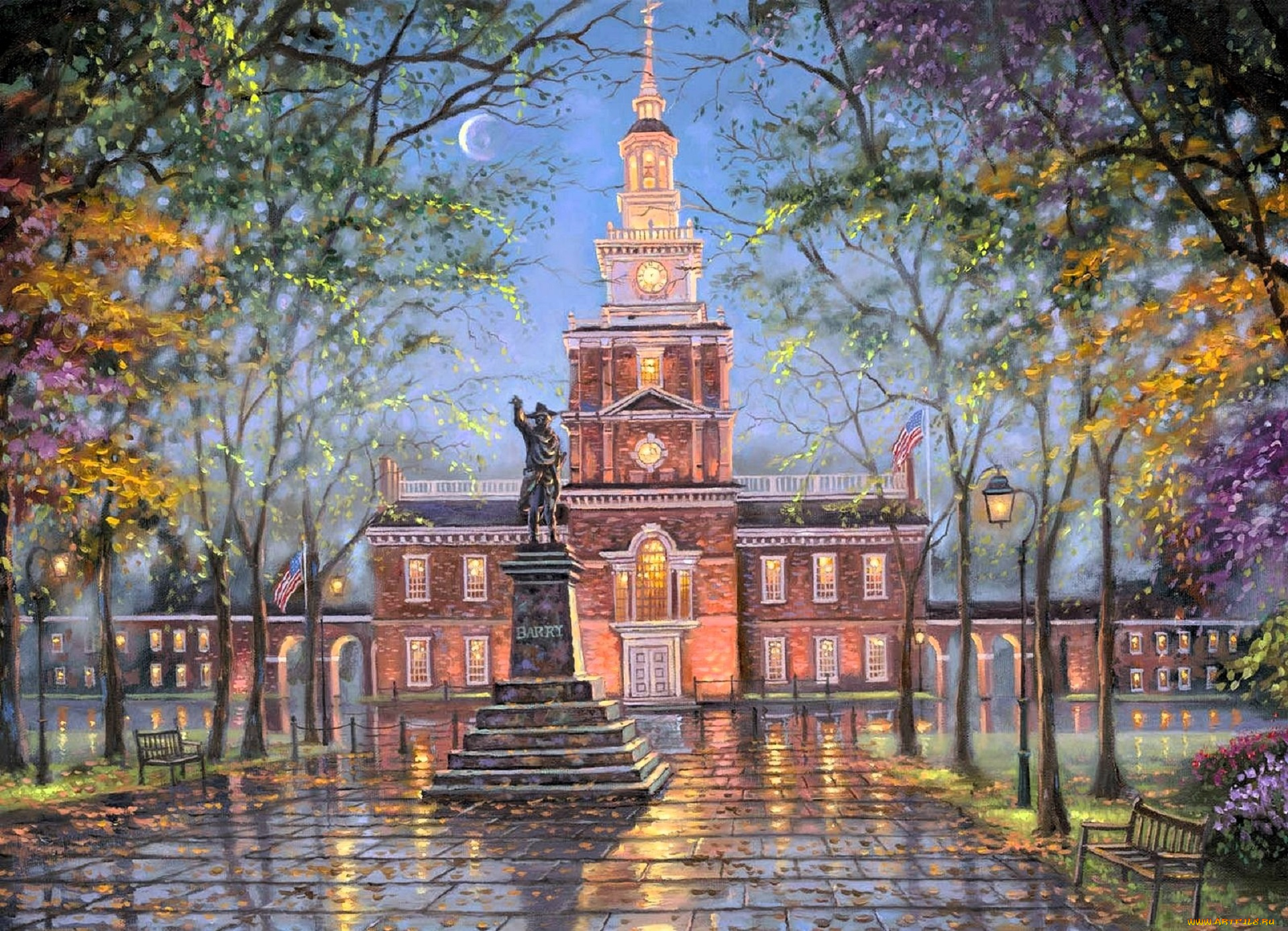 robert, finale, рисованное, деревья, осень, листья, памятник, площадь, фонарь, здание, месяц