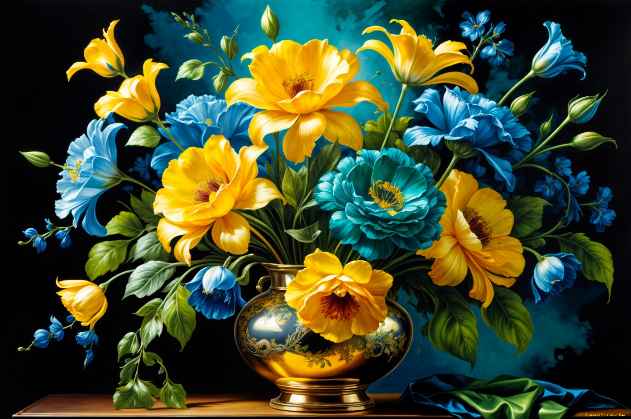 рисованное, цветы, букет, ваза, стол