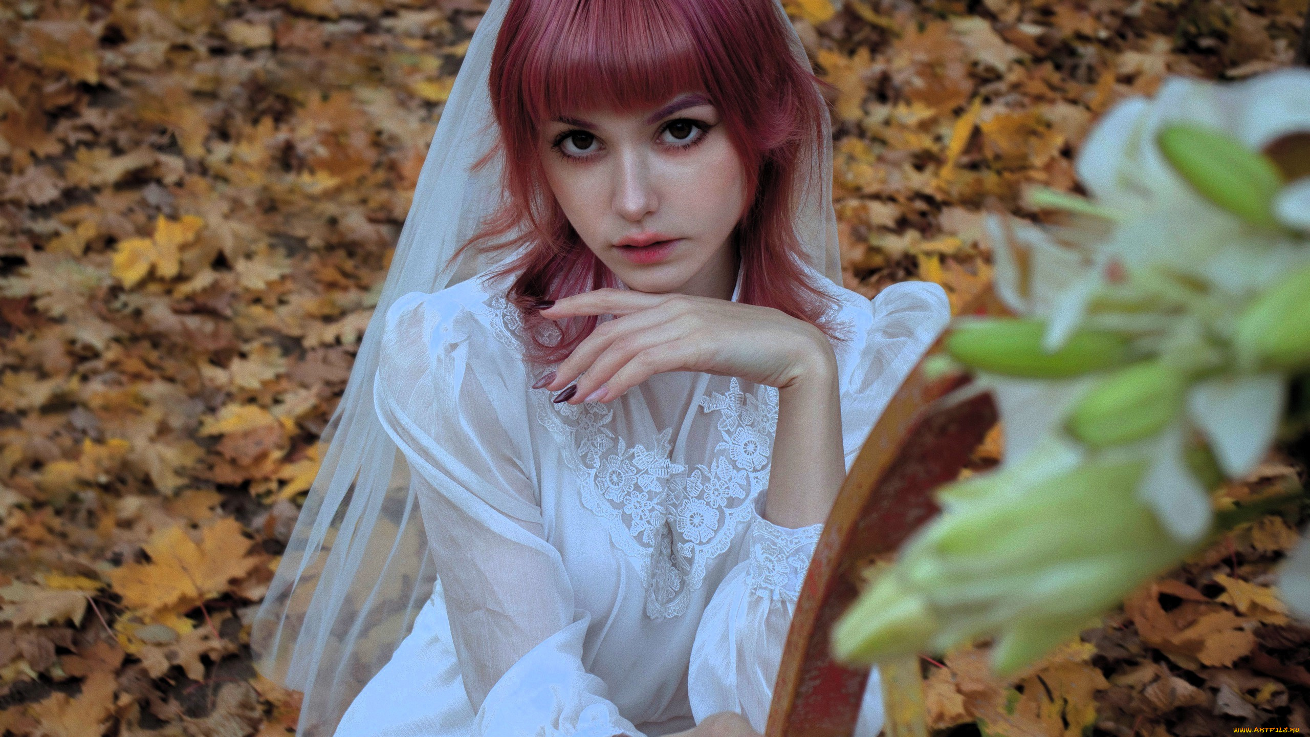 девушки, tenletters, образ, косплей, наряд, невеста, платье, фата, лилии, осень, листья