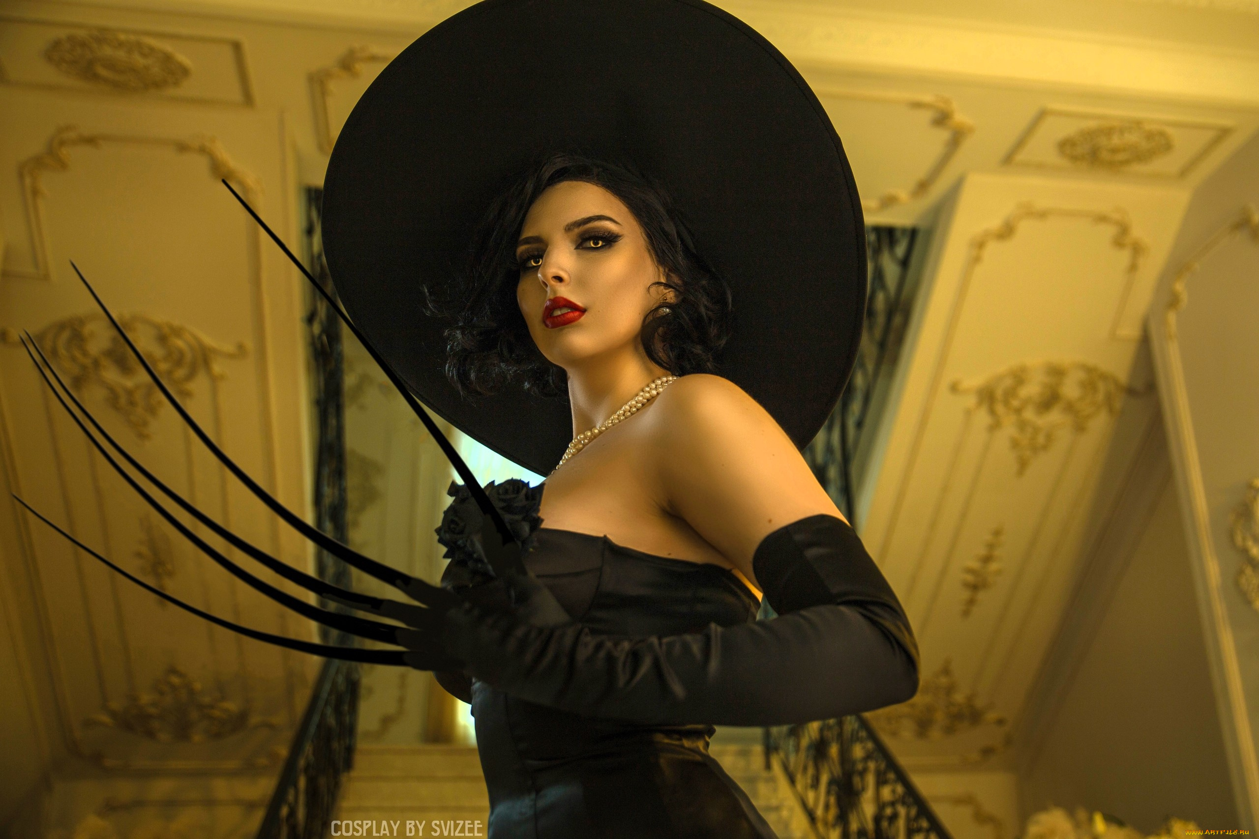 девушки, анастасия, волкова, , svizee, образ, косплей, наряд, шляпа, ожерелье, платье, когти, перчатки, лестница