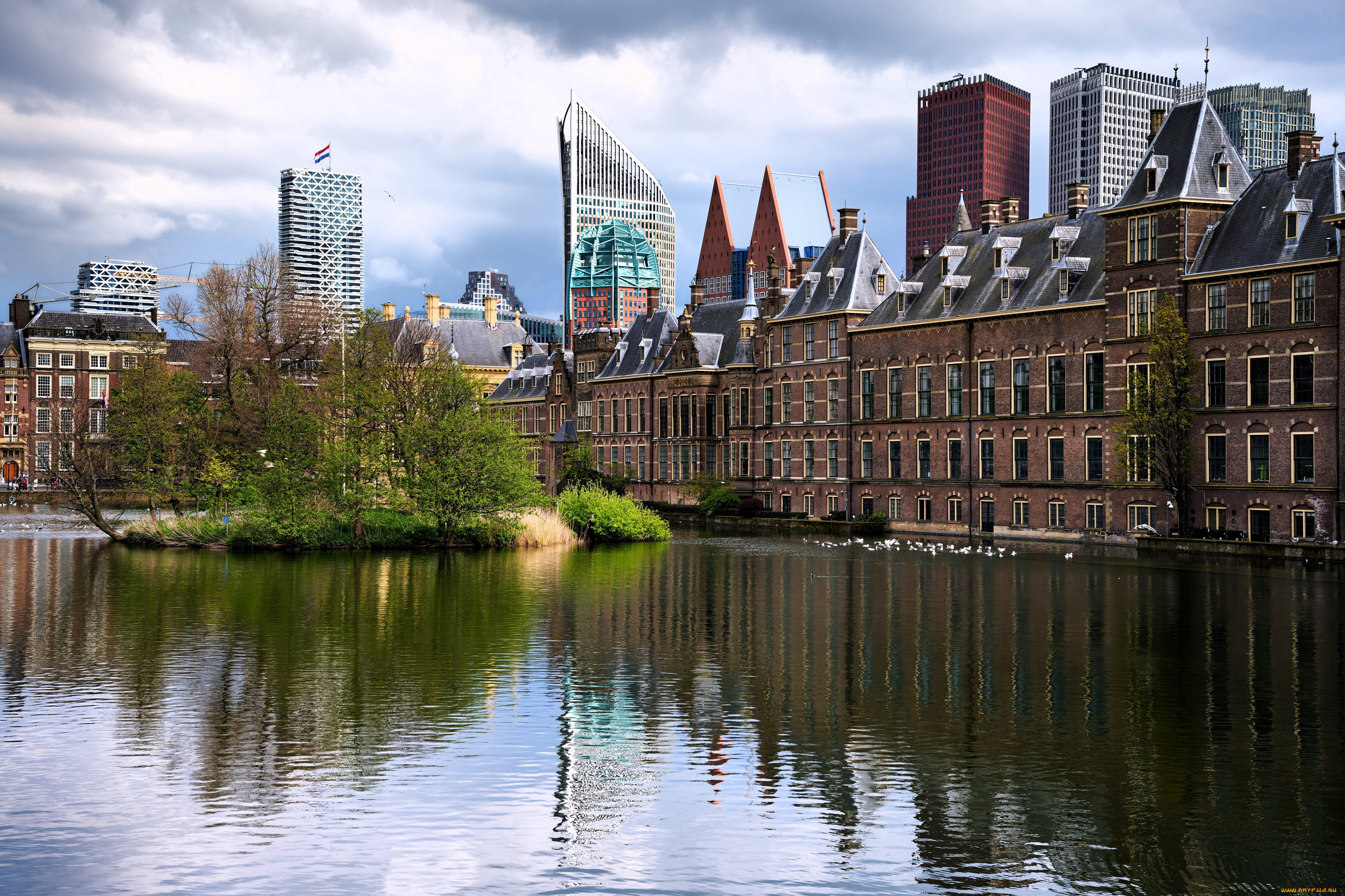 гаага, города, гаага, , нидерланды, озеро, остров, деревья, дома