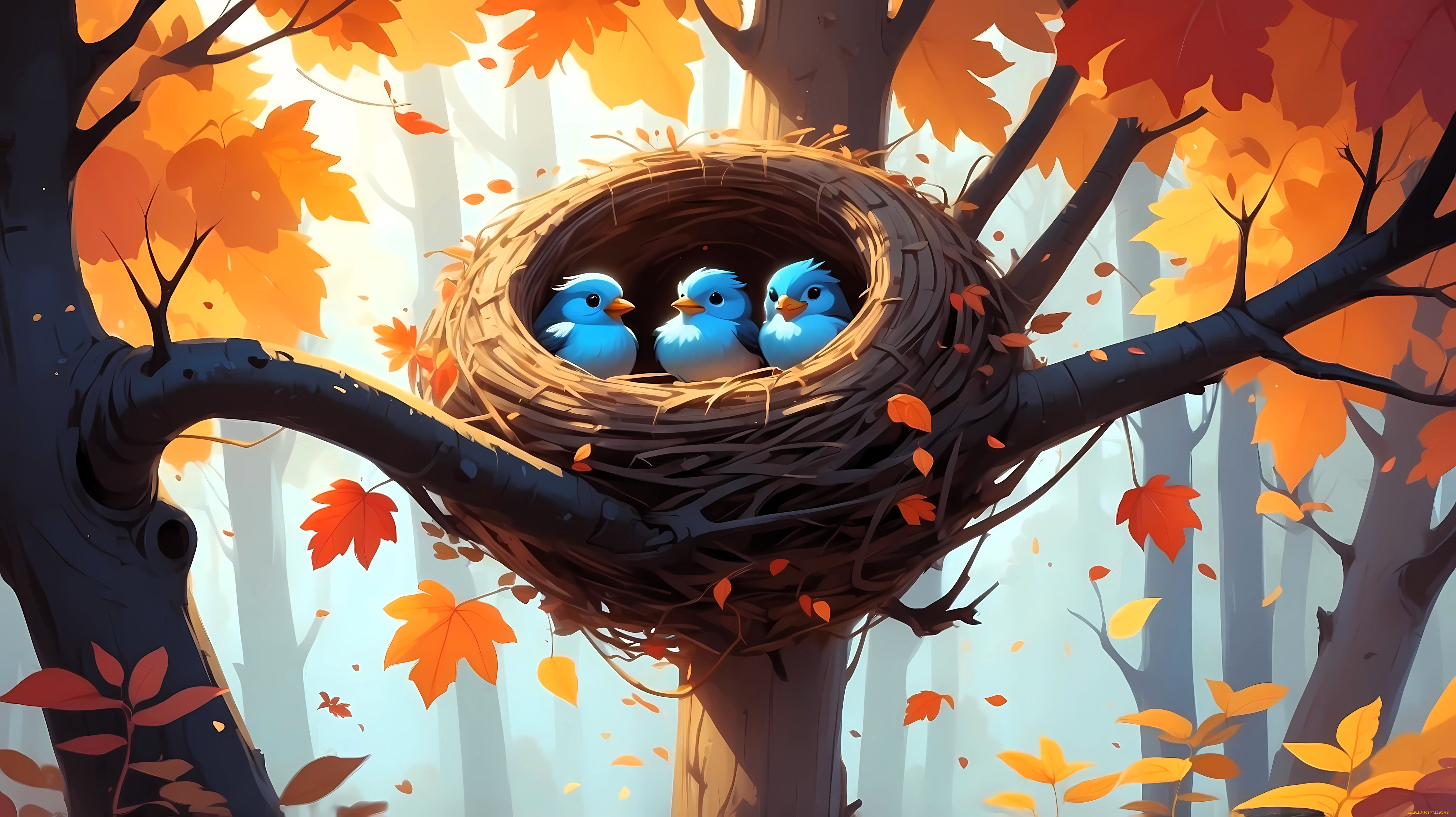 рисованное, животные, , птицы, птицы, гнездо, деревья, лес, осень, листья