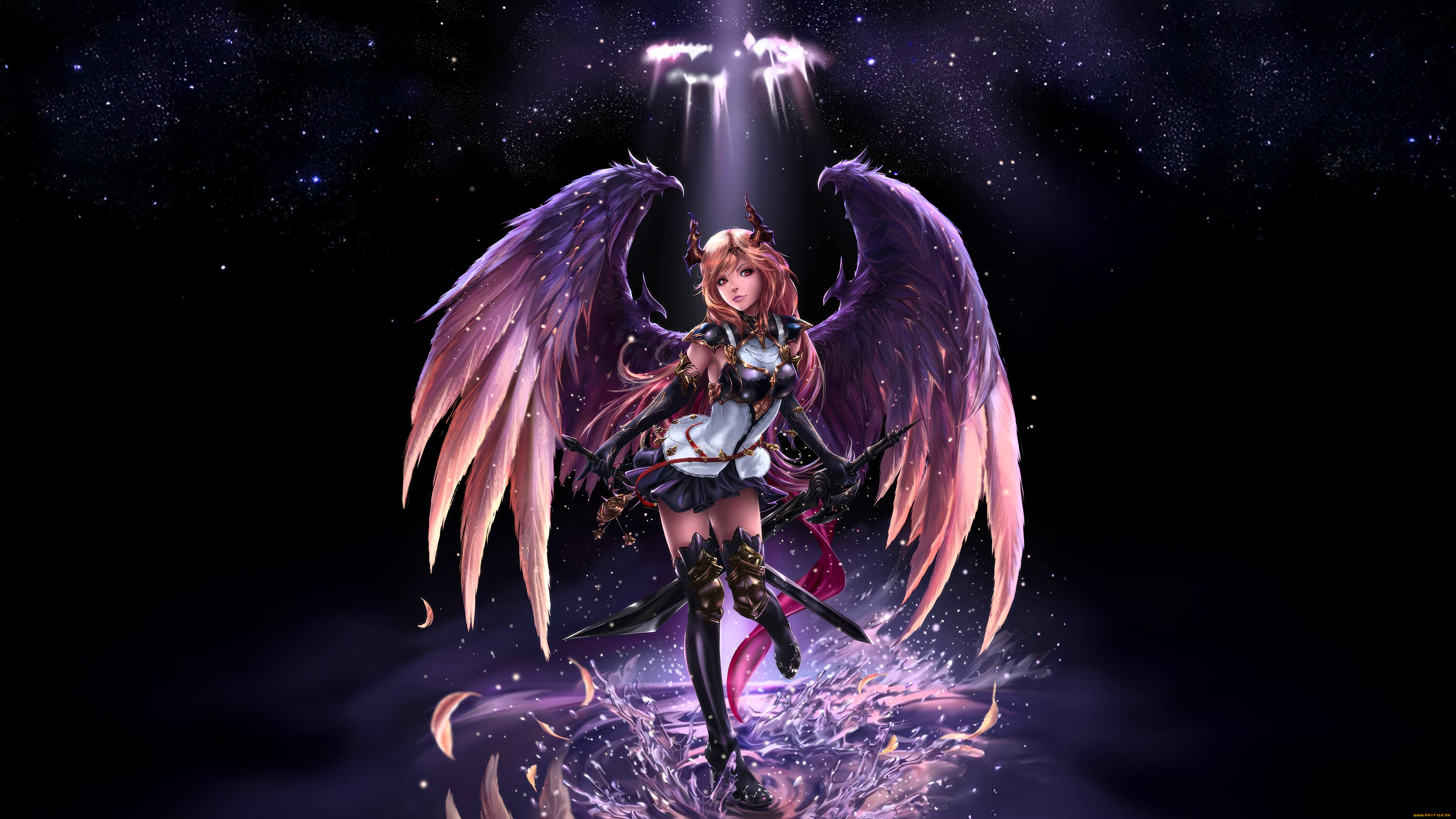 фэнтези, ангелы, девушка, ангел, крылья, нимб, рога, оружие