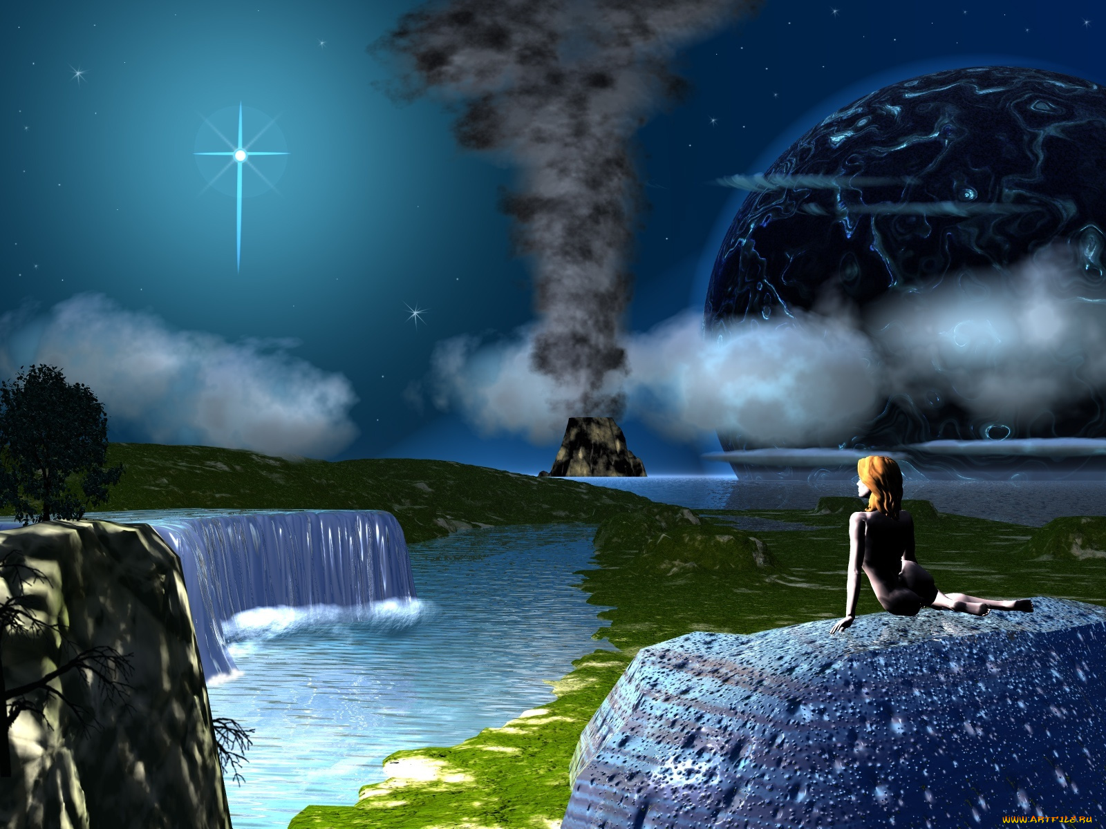 3д, графика, fantasy, фантазия, звезда, водопад, девушка