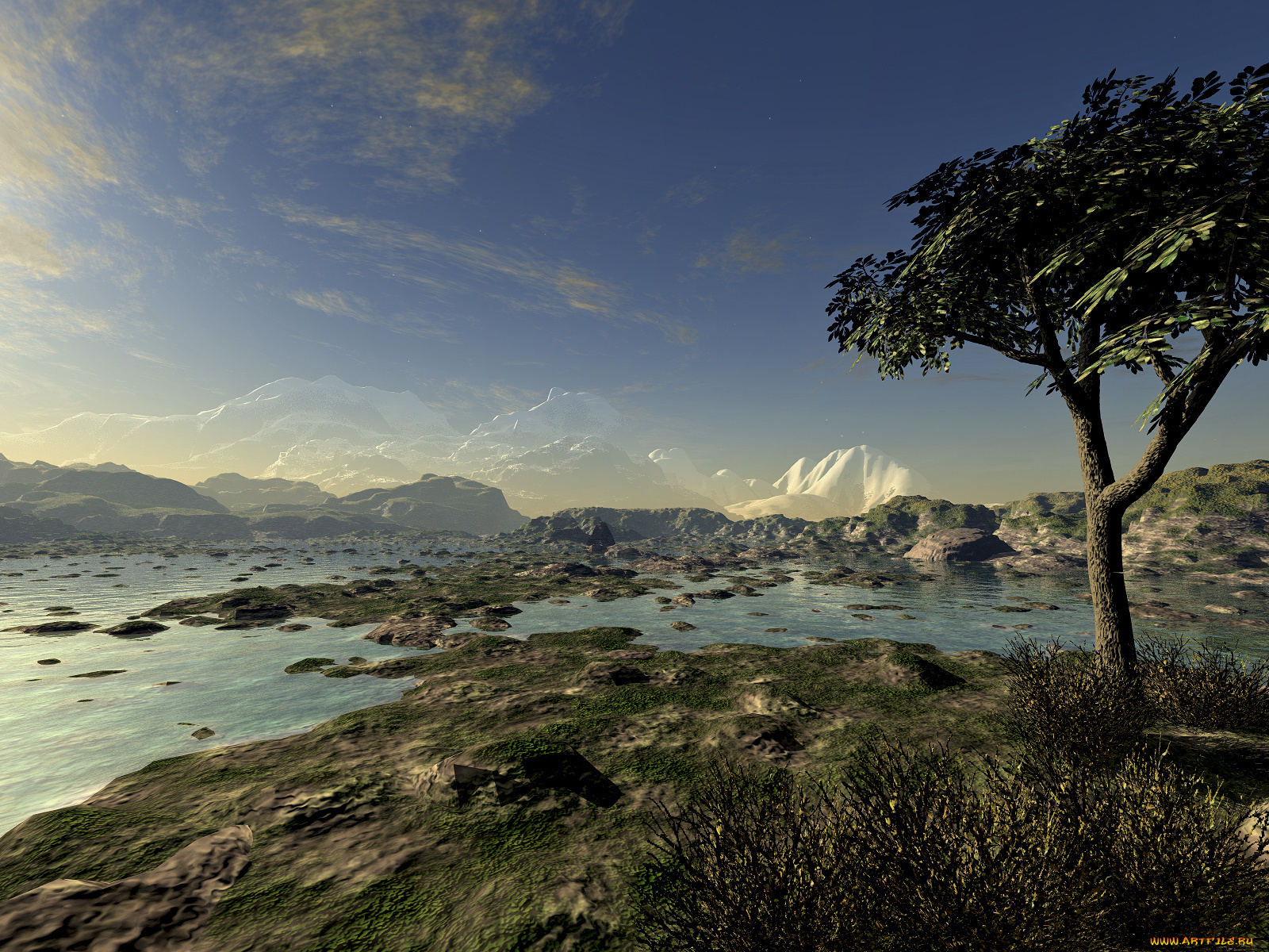 3д, графика, nature, landscape, природа, деревья, вода, горы