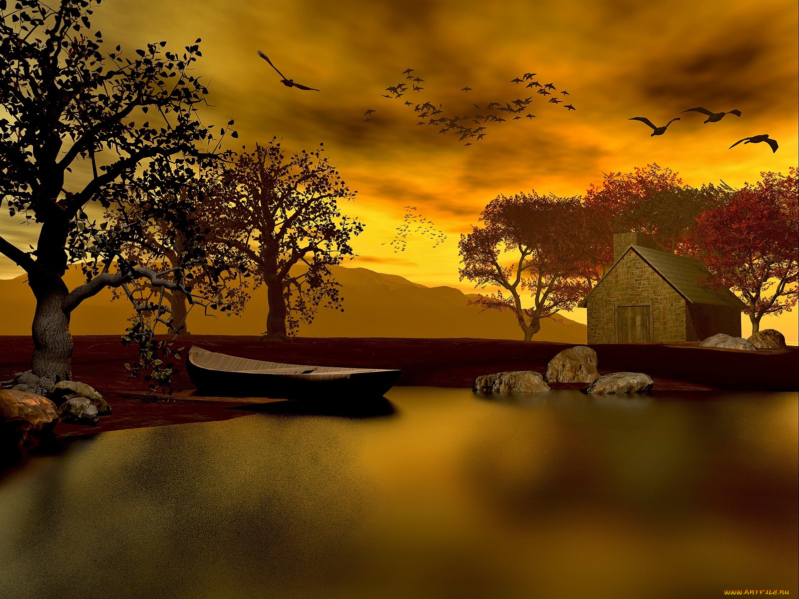 3д, графика, nature, landscape, природа, горы, вода, лодка, птицы, дом, деревья