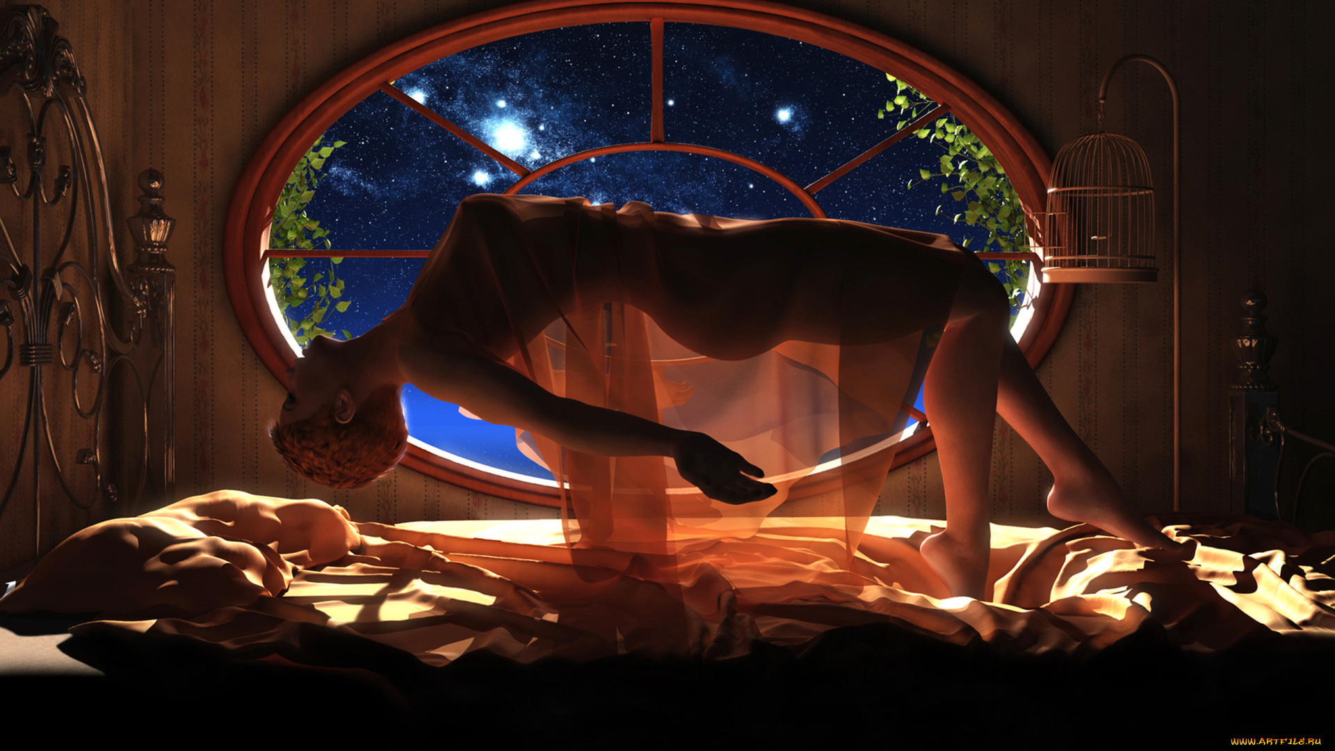 3д, графика, fantasy, фантазия, девушка, окно, постель, ночь