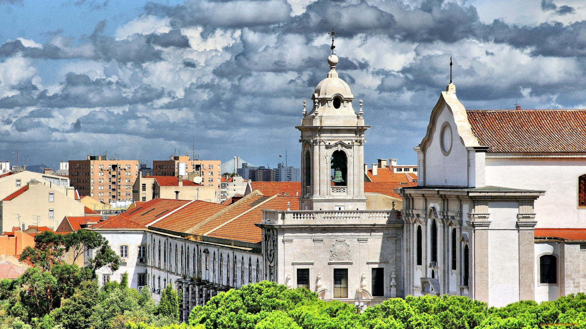 лиссабон, португалия, города, дома, колокольня, крыши