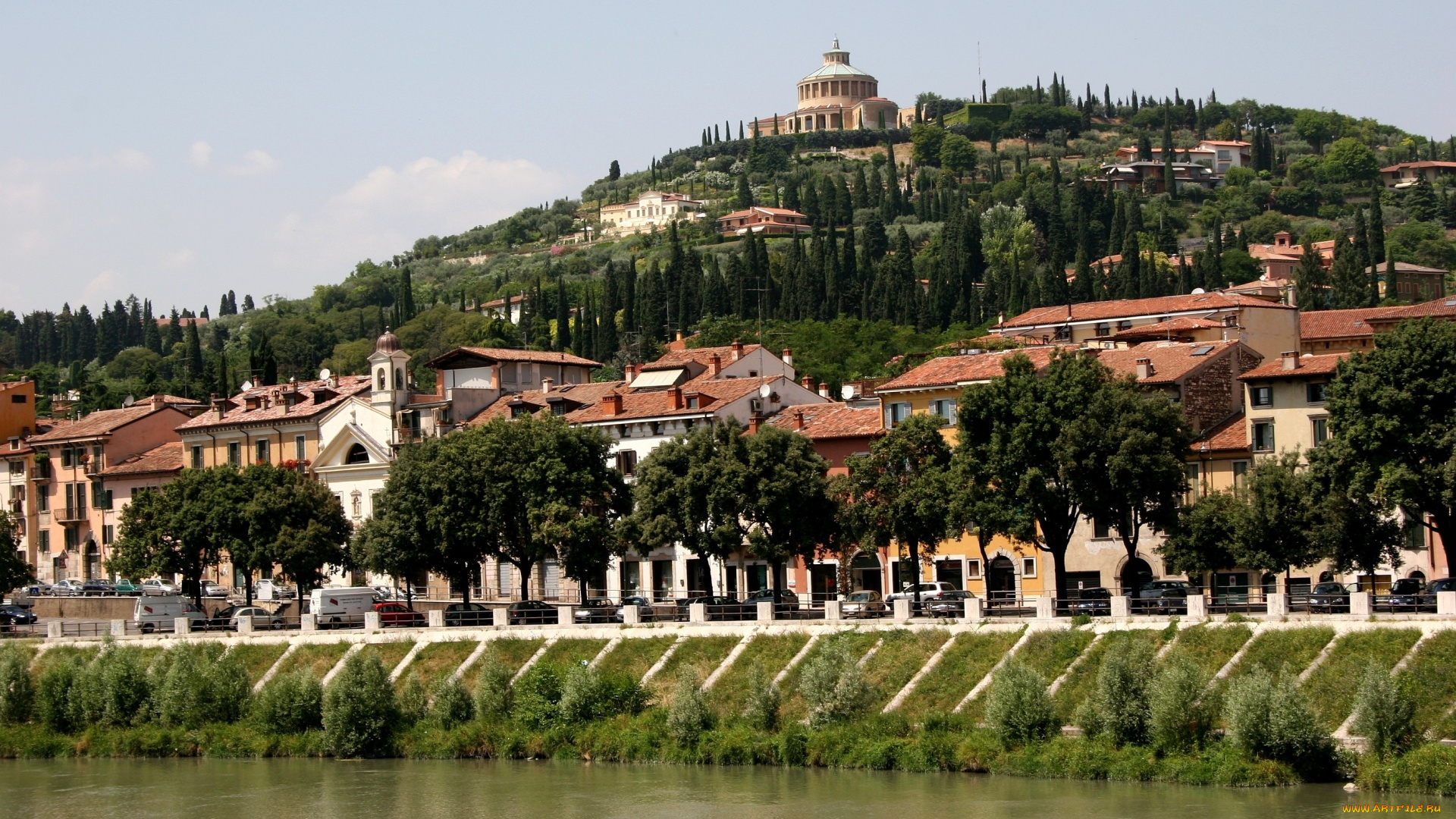 верона, италия, города, пейзажи, крыши, кипарисы, река