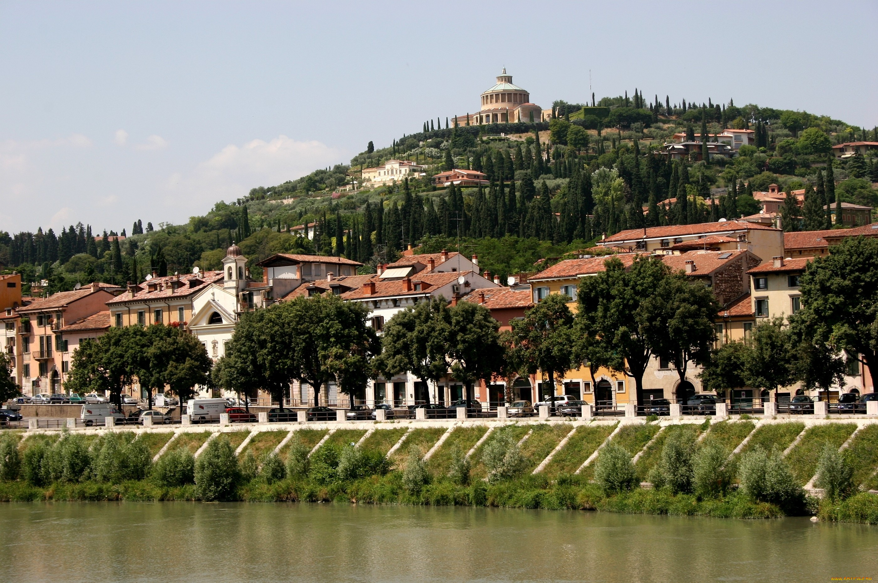 верона, италия, города, пейзажи, крыши, кипарисы, река