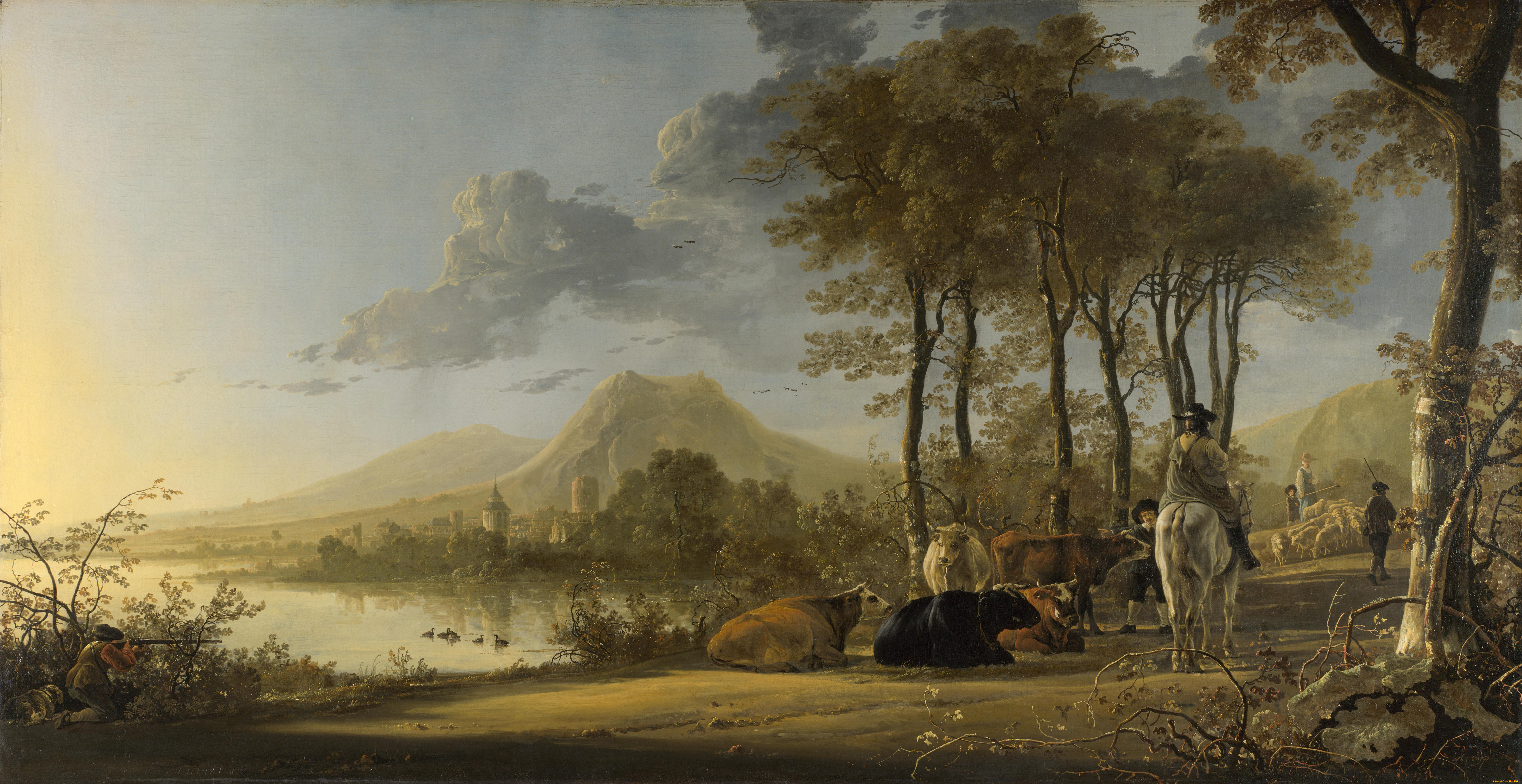 aelbert, cuyp, river, landscape, with, horseman, and, peasants, рисованные, озеро, деревья, охотник, алберт, кейп, пастух, коровы, пейзаж