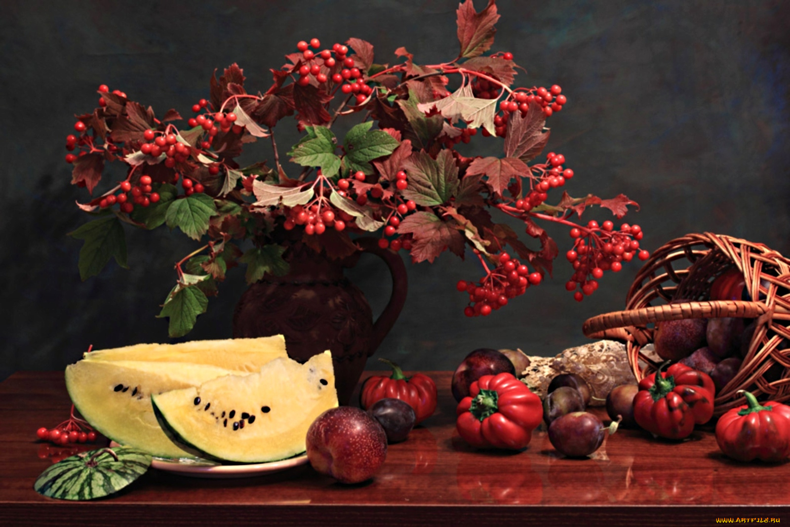 еда, натюрморт, арбуз, перец, сливы, калина