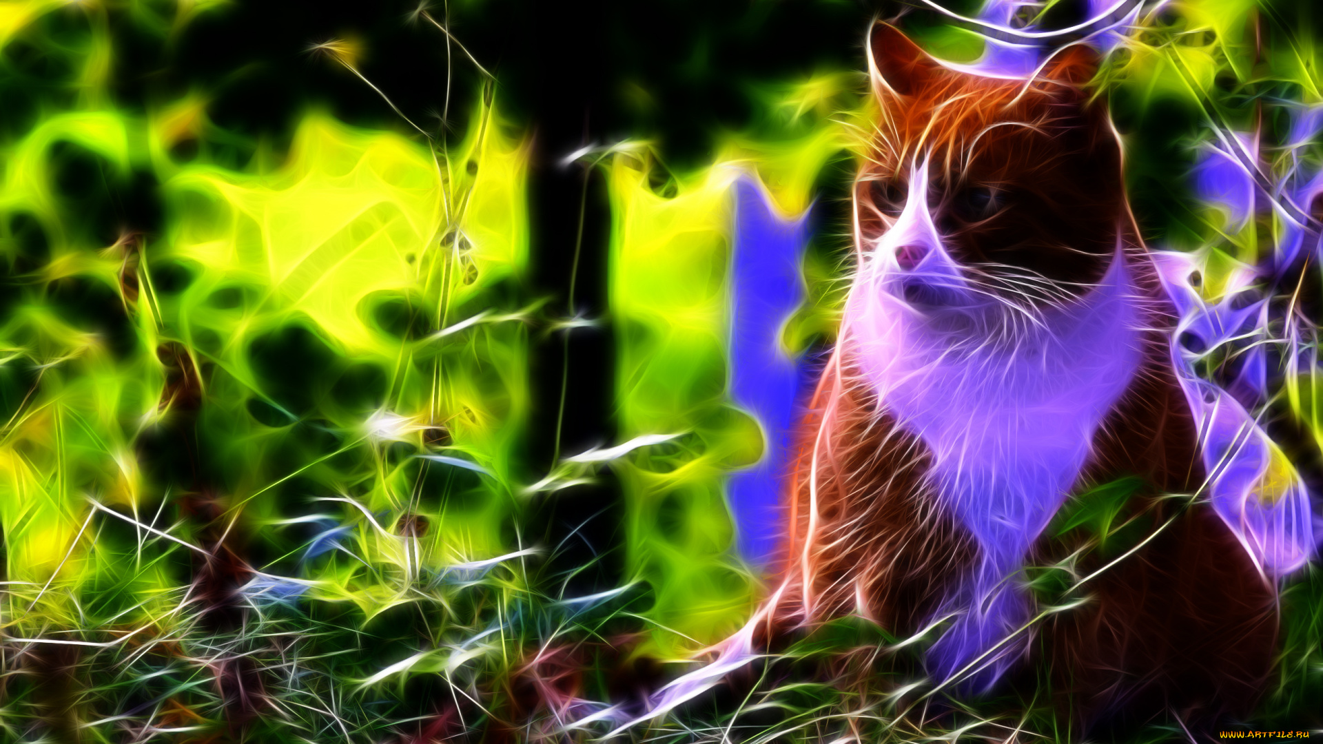 3д, графика, animals, животные, зелень, листья, трава, cat