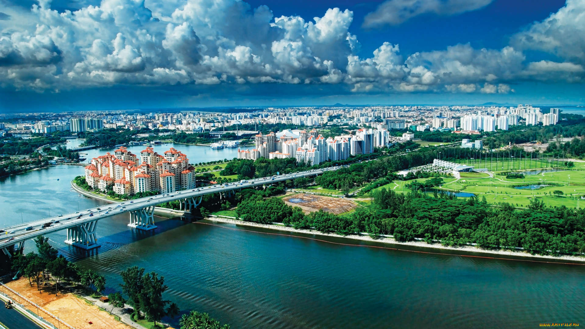 города, сингапур, высота, птичьего, полёта, панорама, мост