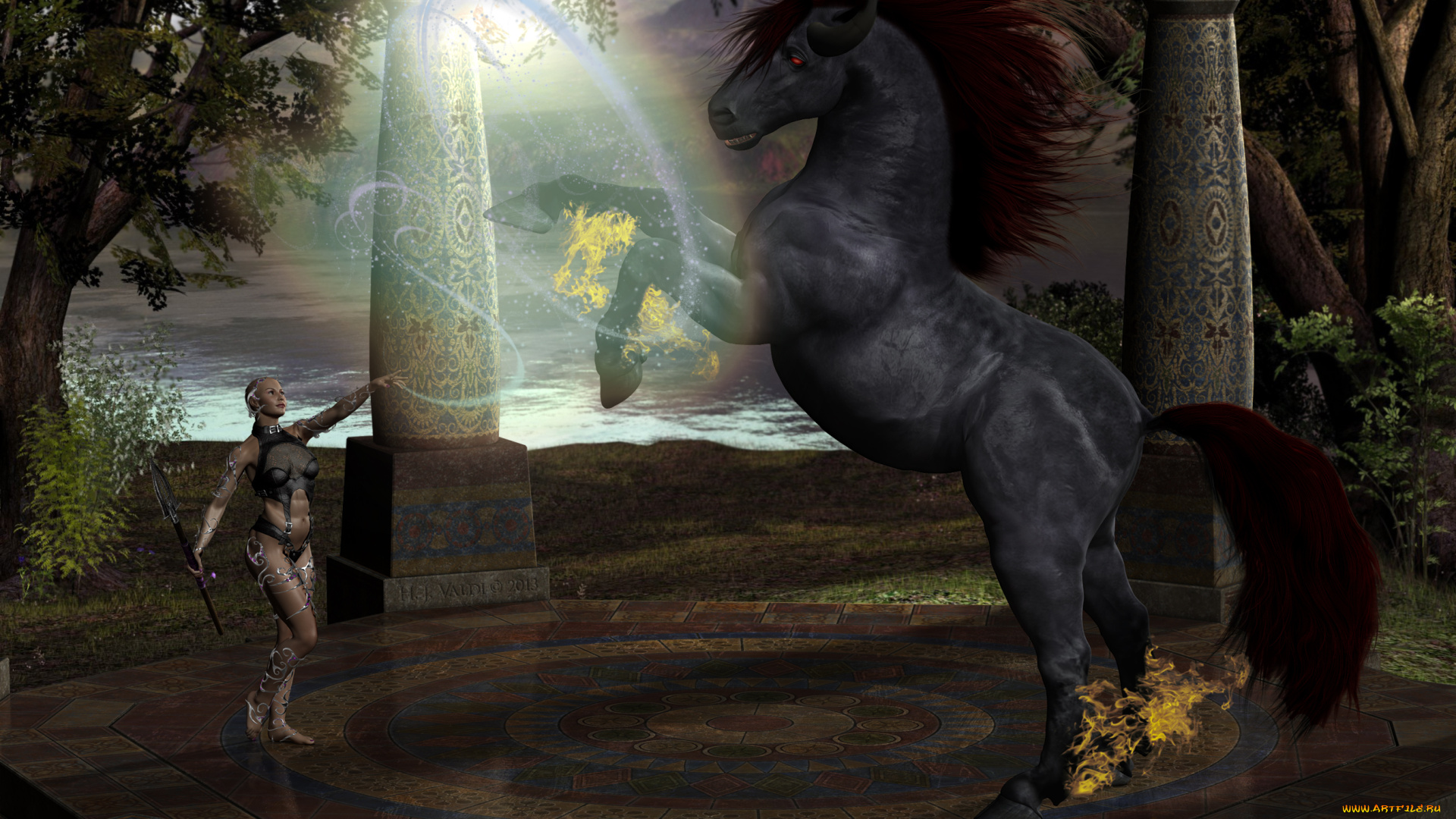 3д, графика, эльфы, , elves, эльфийка, взгляд, лошадь, магия, огонь