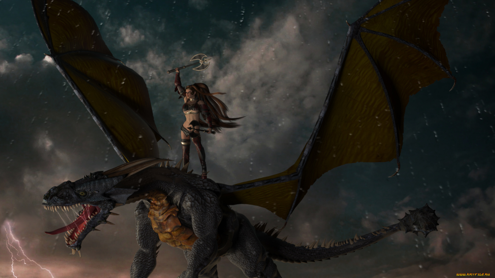 3д, графика, фантазия, , fantasy, дракон, девушка, полет