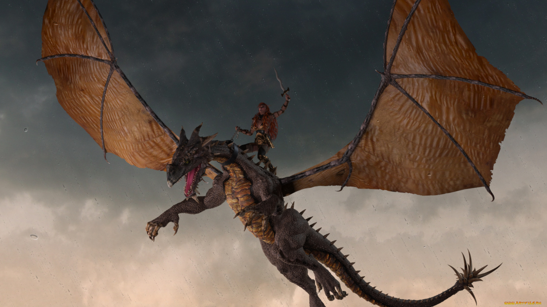 3д, графика, фантазия, , fantasy, дракон, полет, девушка