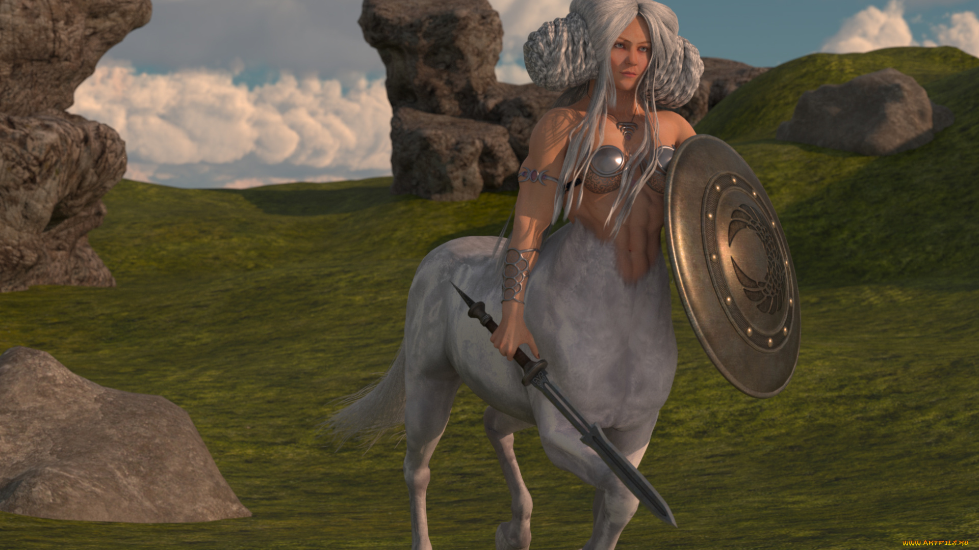 3д, графика, фантазия, , fantasy, щит, меч, кентавр, взгляд, девушка