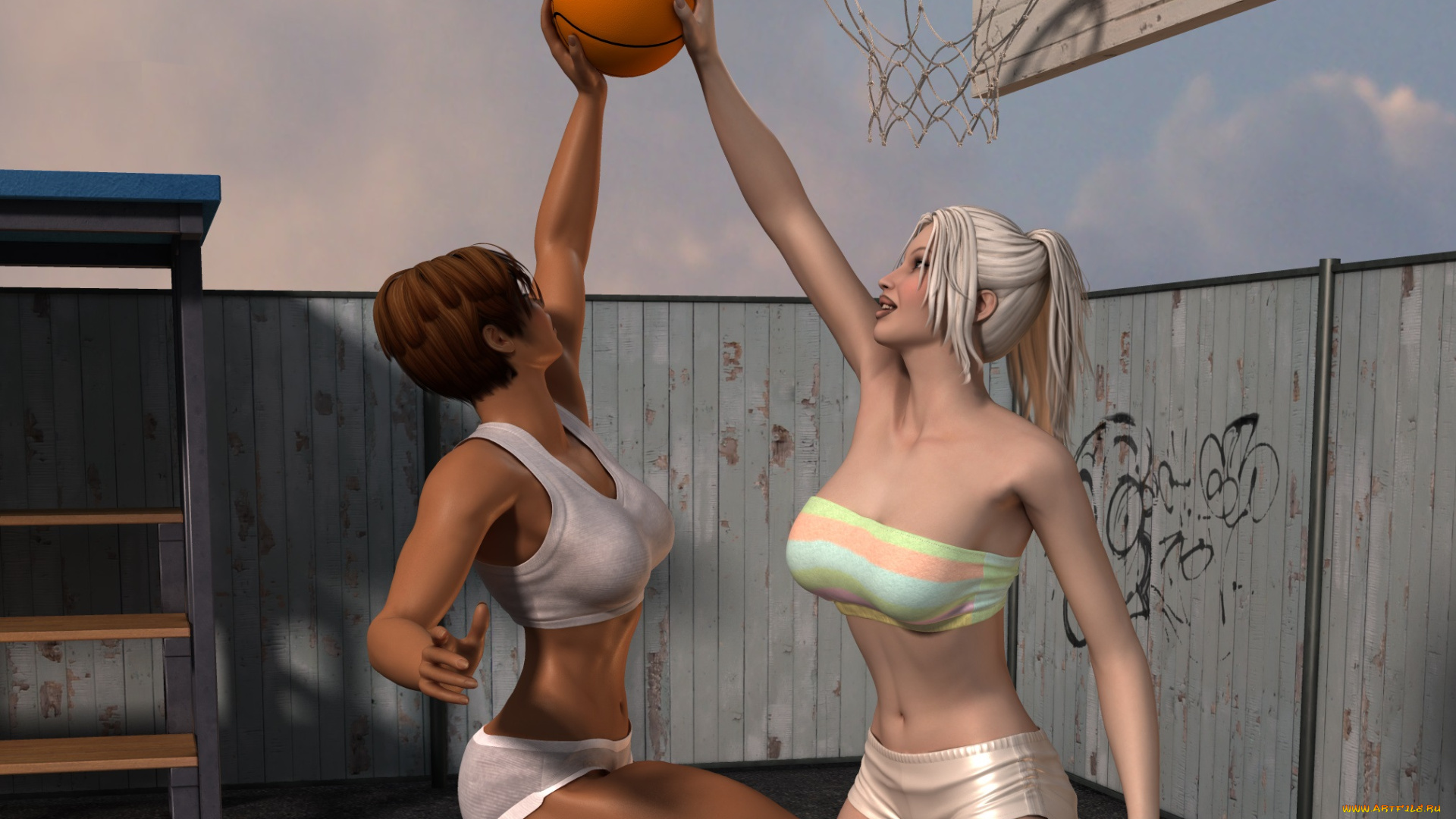 3д, графика, люди, , people, баскетбол, мяч, игра, взгляд, девушки
