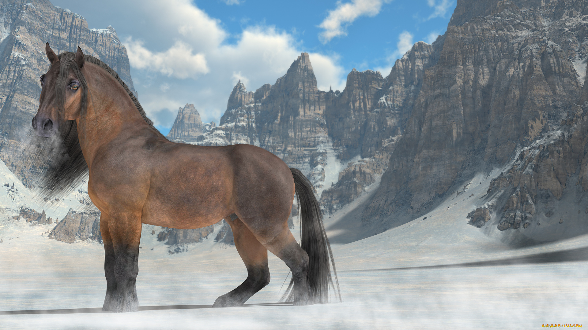 3д, графика, животные, , animals, снег, горы, лошадь