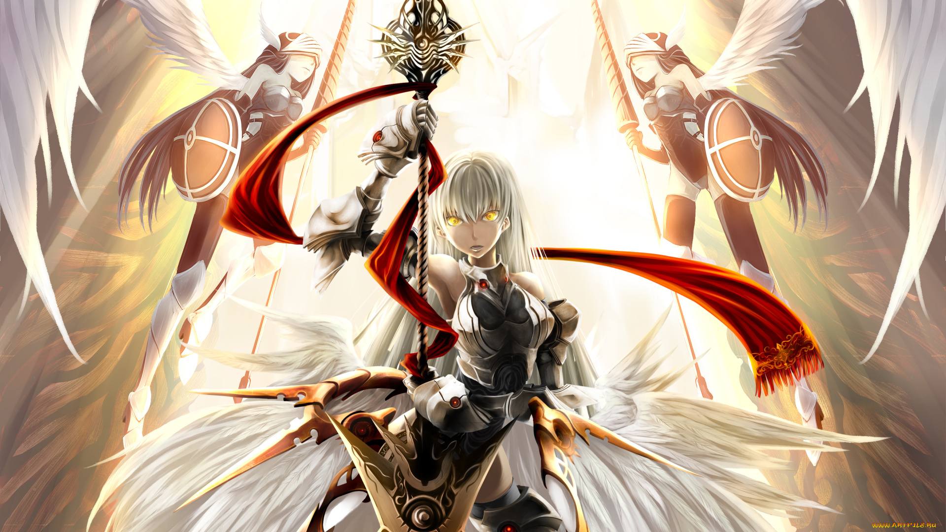 аниме, -angels, &, demons, ангел, копье, воин, страж, оружие, меч, шарф, доспехи, девушка, xuemi, lord, of, vermilion, крылья, ворота, щит