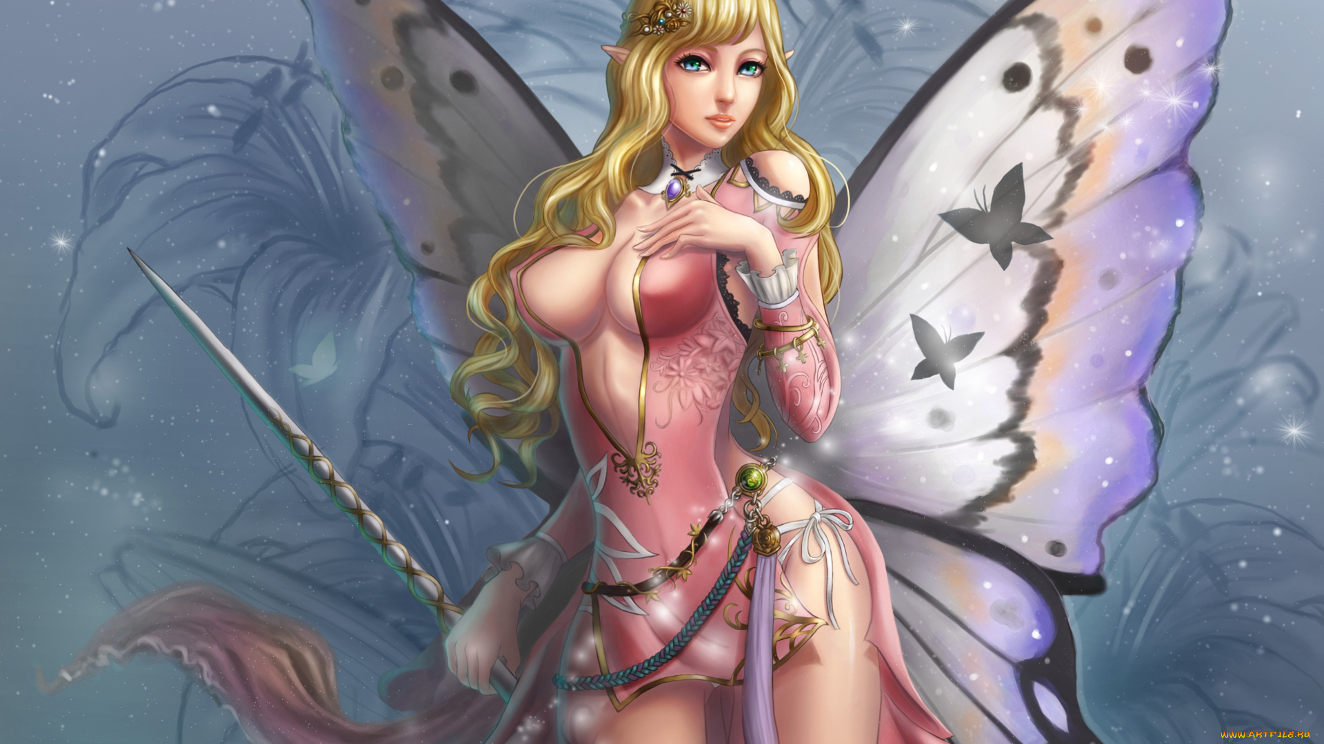 фэнтези, феи, оружие, бабочка, взгляд, искорки, бабочки, арт, фея, крылья, butterfly, девушка