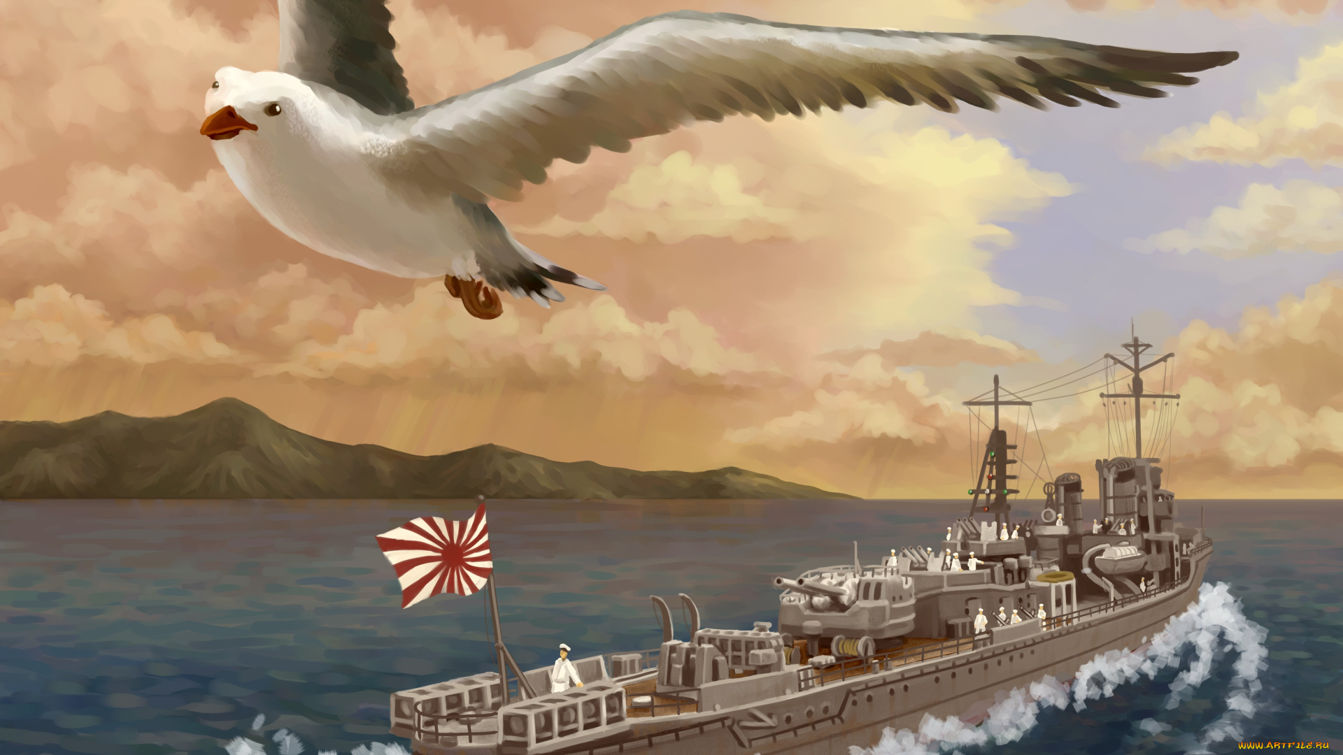 рисованные, армия, море, чайка, птица, корабль