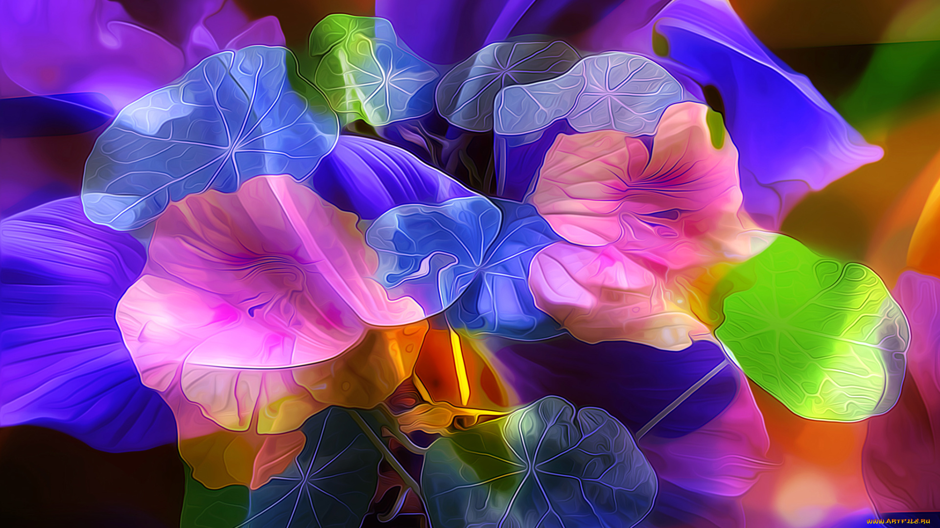 рисованные, цветы, клумба, сад, природа, листья, лепестки