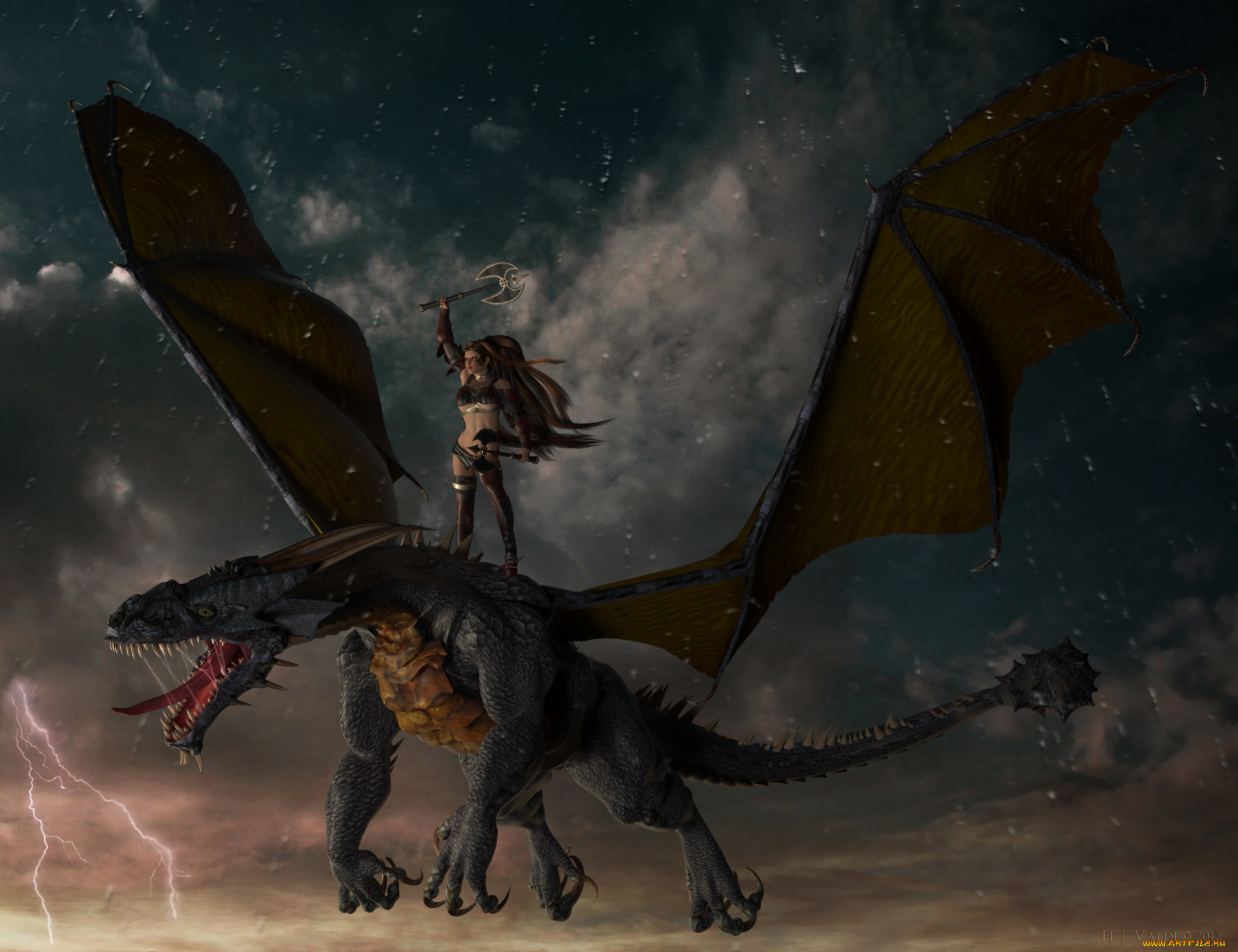 3д, графика, фантазия, , fantasy, дракон, девушка, полет