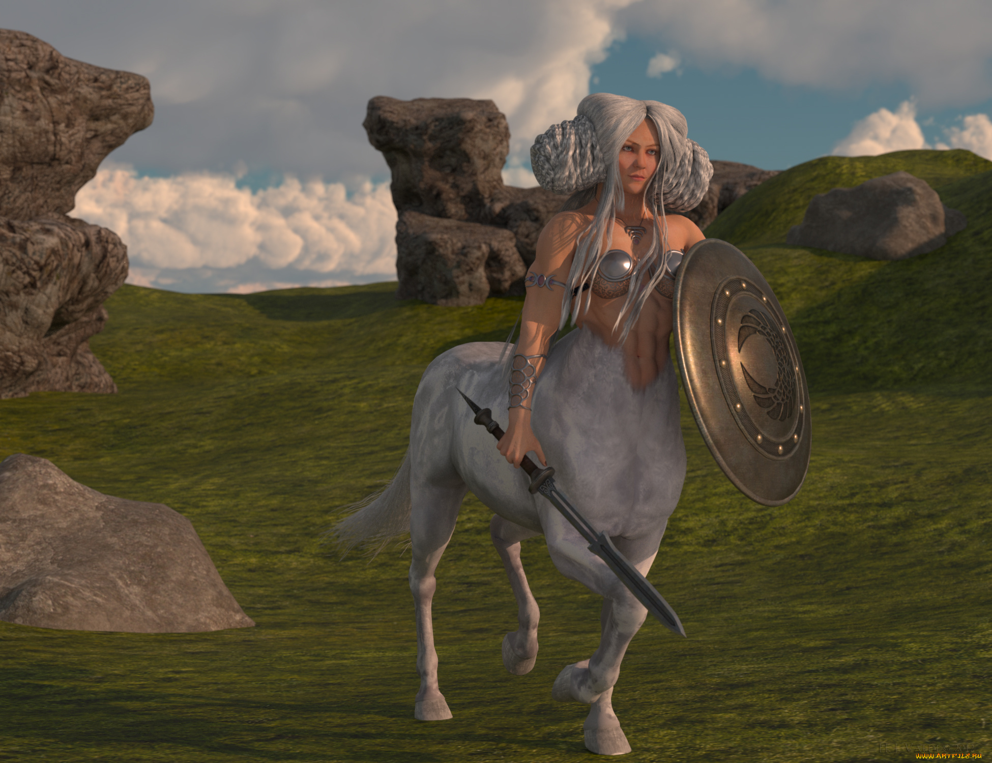 3д, графика, фантазия, , fantasy, щит, меч, кентавр, взгляд, девушка