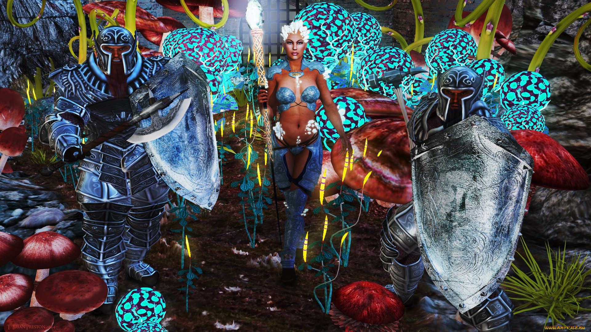 3д, графика, фантазия, , fantasy, воины, тотем, фон, взгляд, девушка