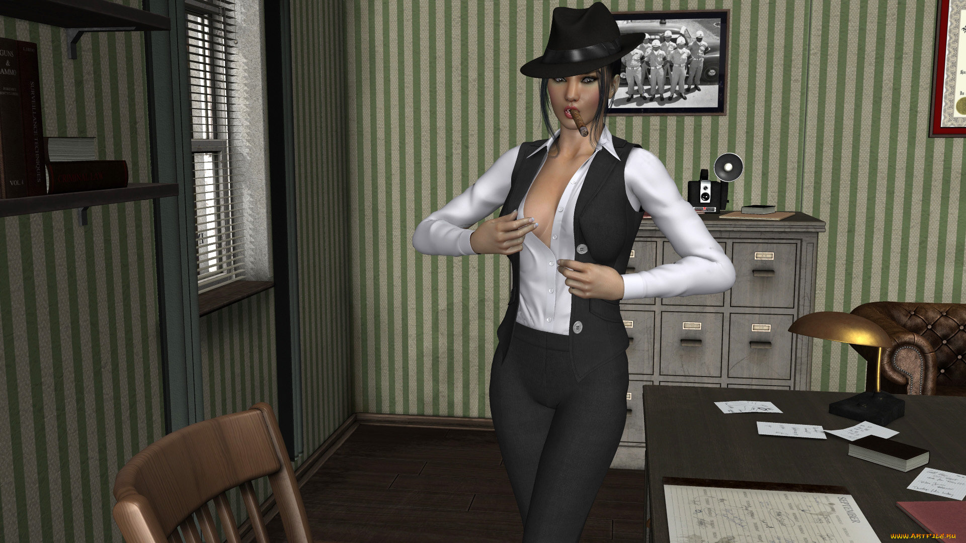 3д, графика, люди, , people, фон, взгляд, девушка, стол, шляпа, сигарета, офис, кофточка