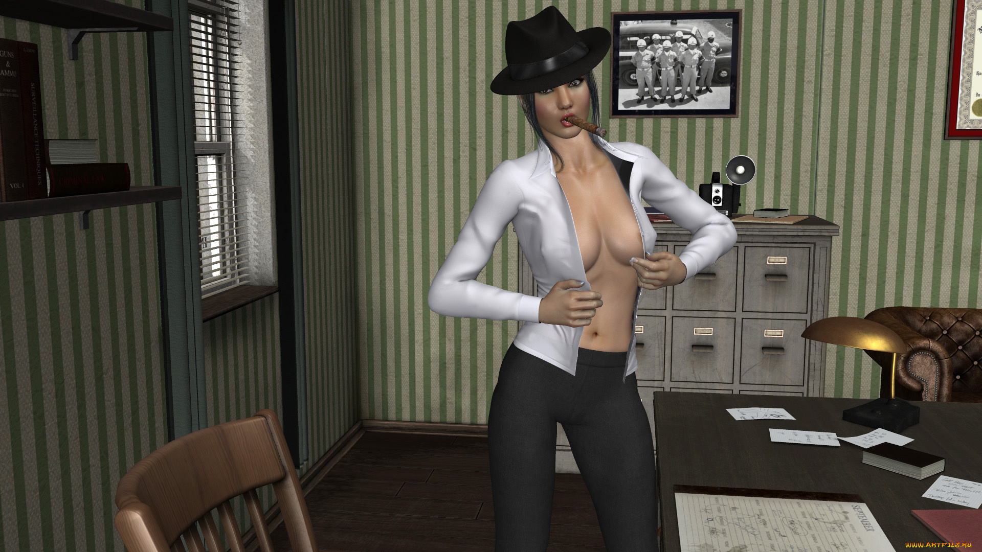 3д, графика, люди, , people, шляпа, сигарета, фон, взгляд, девушка, кофточка, офис, стол